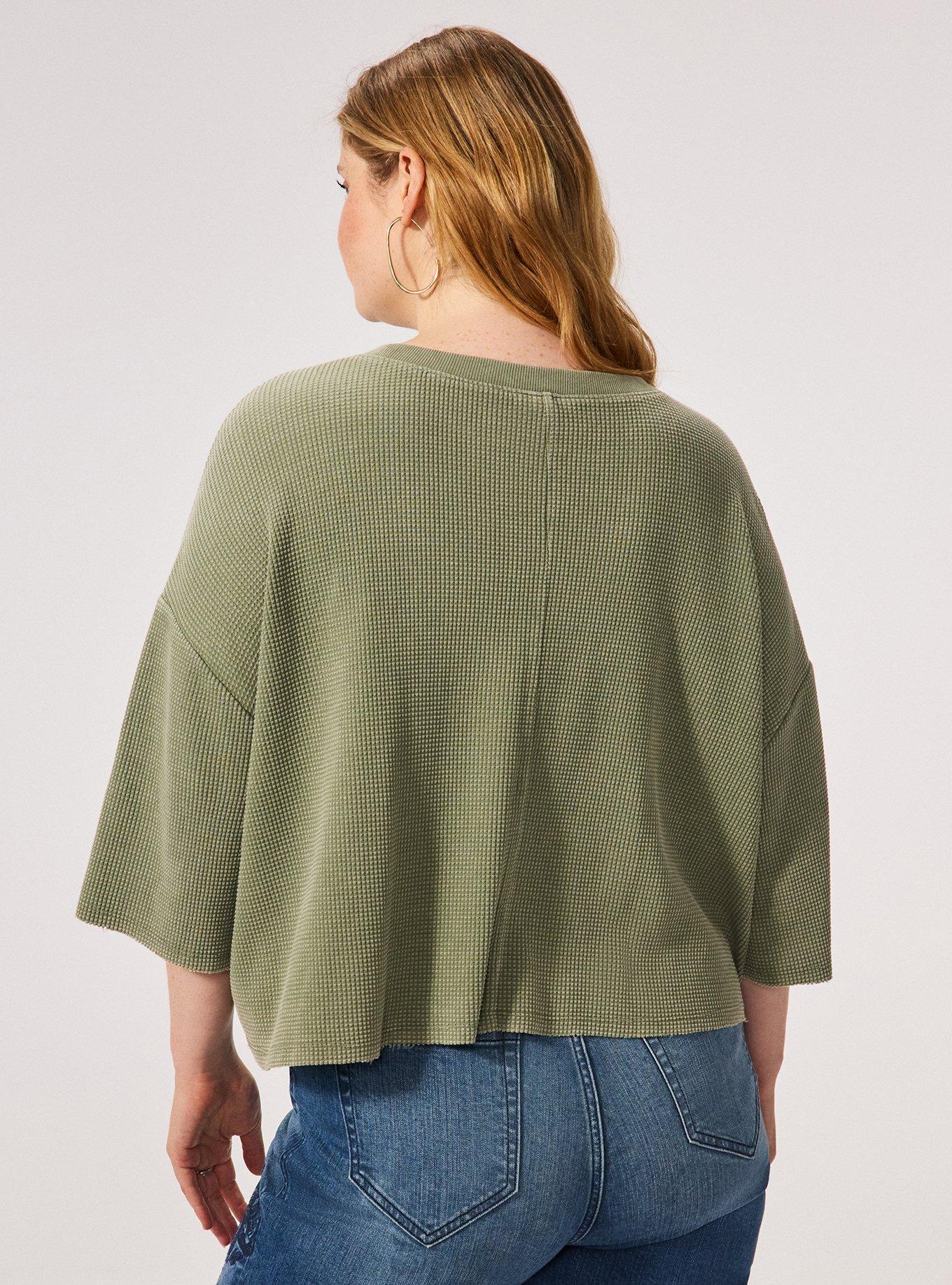 Plus Size Festi Boxy Cropped Lightweight Waffle Tee, OIL GREEN, alternate