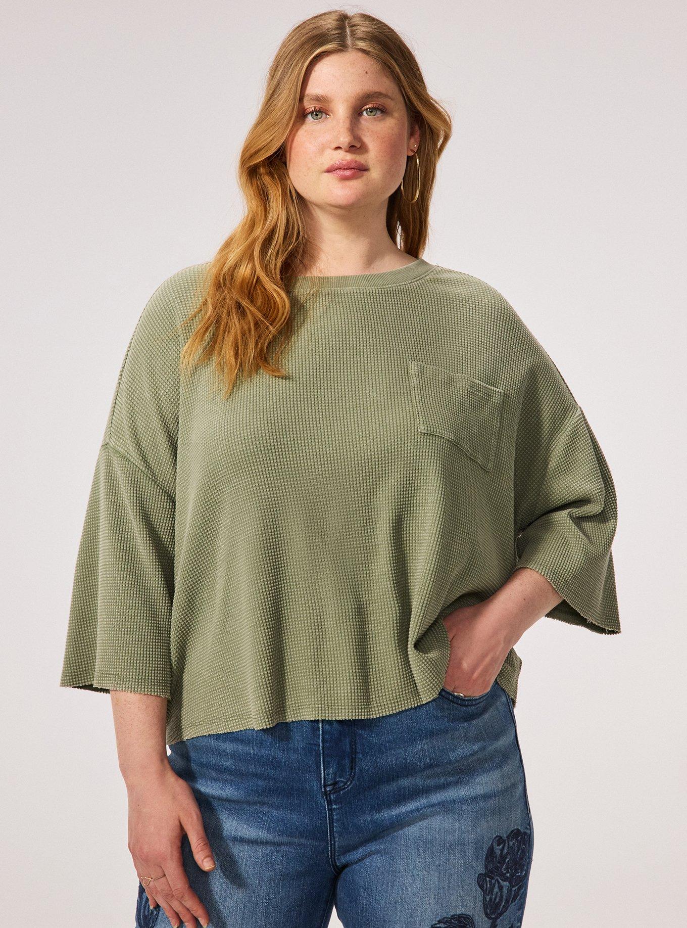 Plus Size Festi Boxy Cropped Lightweight Waffle Tee, OIL GREEN, hi-res