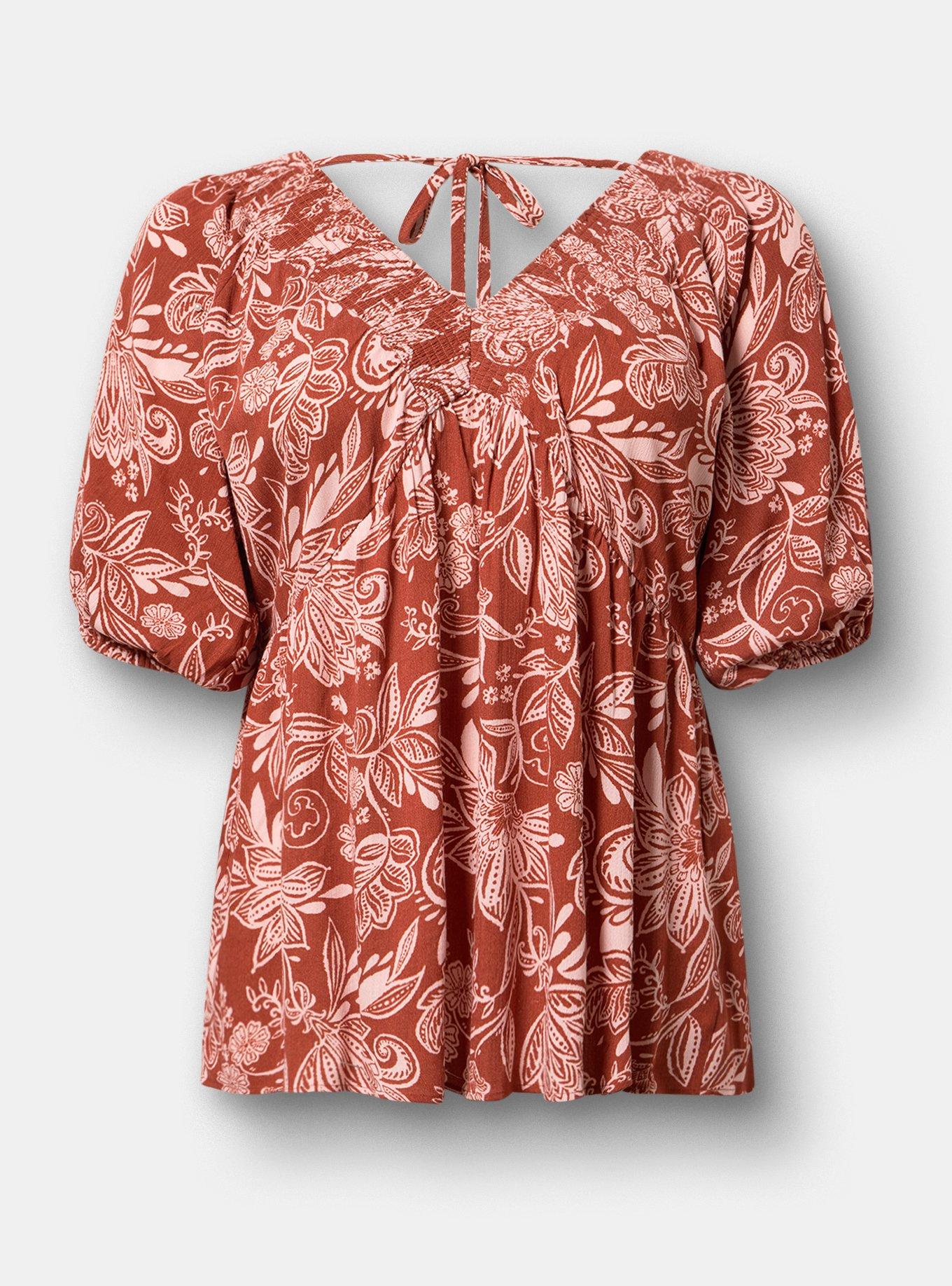 Crinkle Gauze Raglan Blouse, SHANA FLORAL BRICK, flat