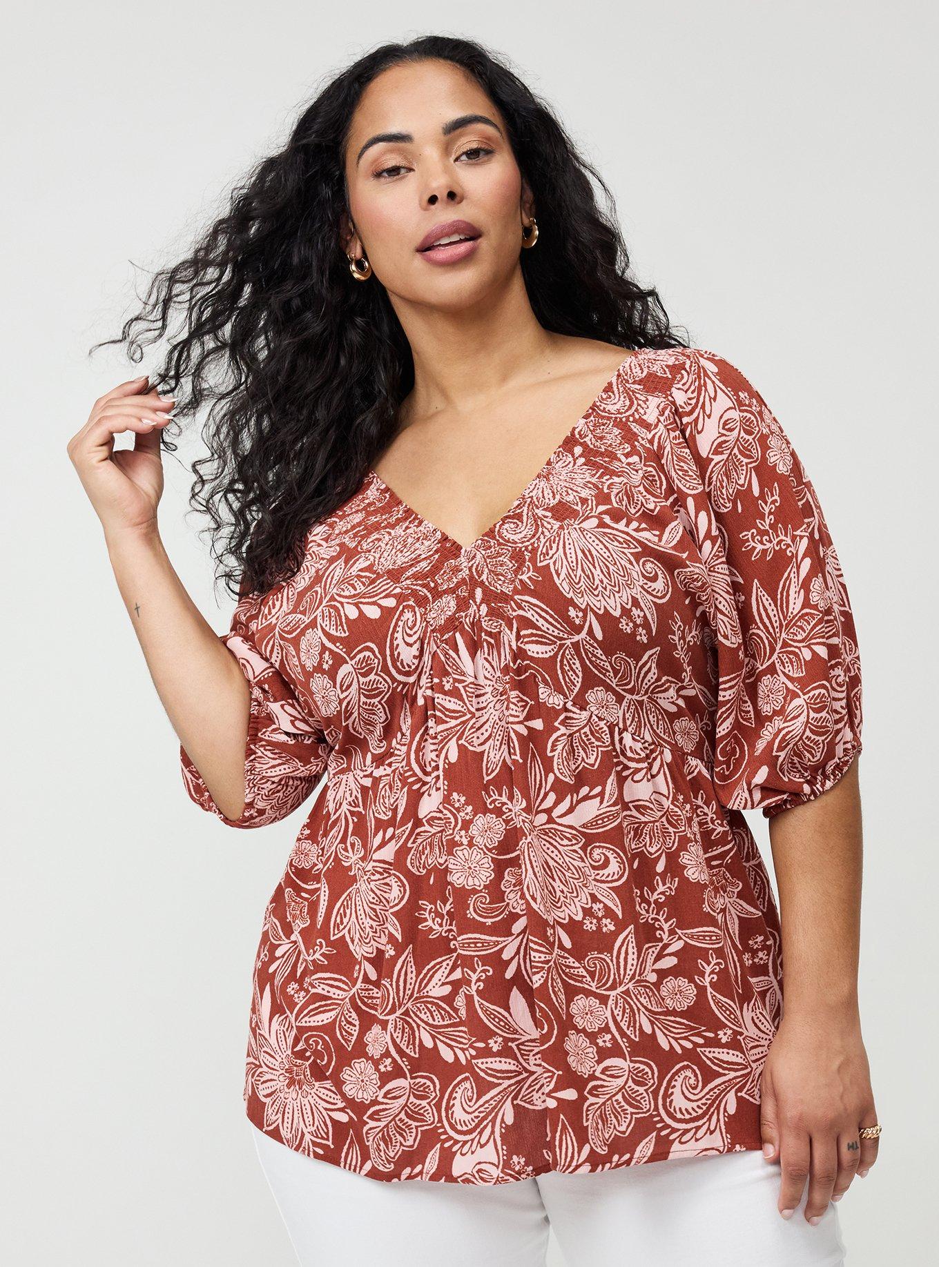 Crinkle Gauze Raglan Blouse, SHANA FLORAL BRICK, hi-res