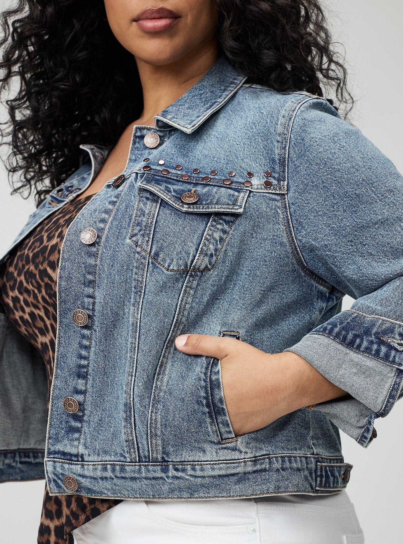 Plus Size Studded Classic Denim Trucker, AMERICANO, alternate