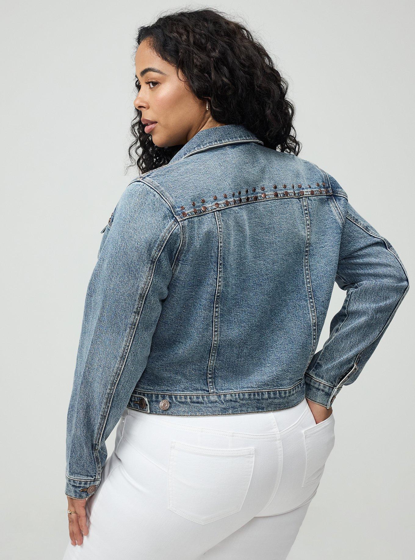 Plus Size Studded Classic Denim Trucker, AMERICANO, alternate