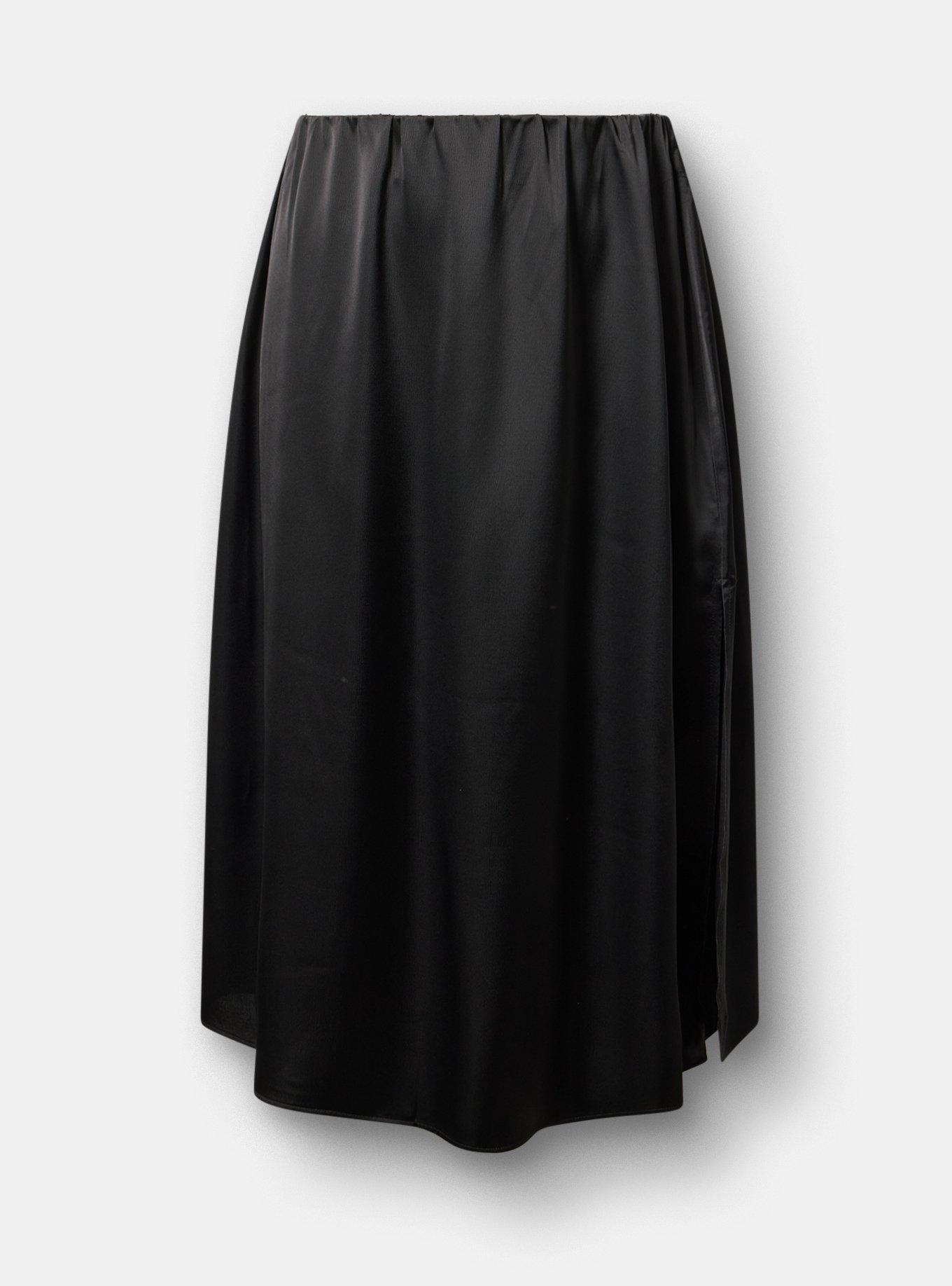 Satin Tea Length Skirt, DEEP BLACK, flat