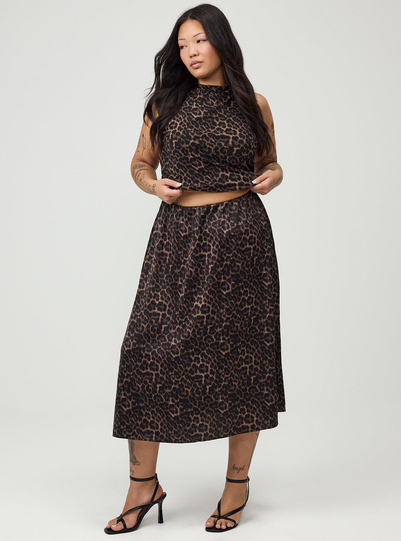 Satin Tea Length Skirt, ON THE PROWL LEOPARD BROWN, hi-res