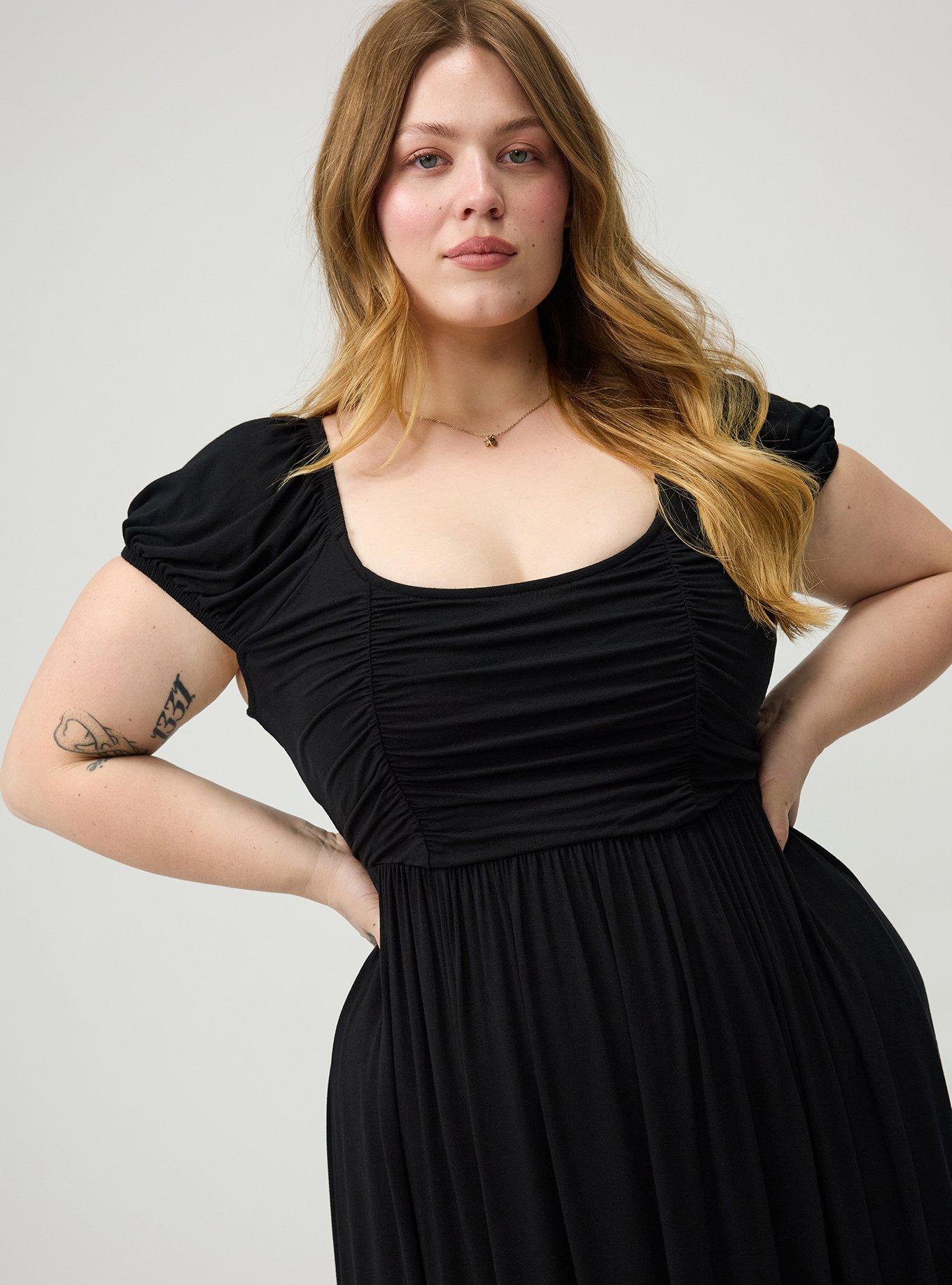 Ruched Tea Length Dress, DEEP BLACK, alternate