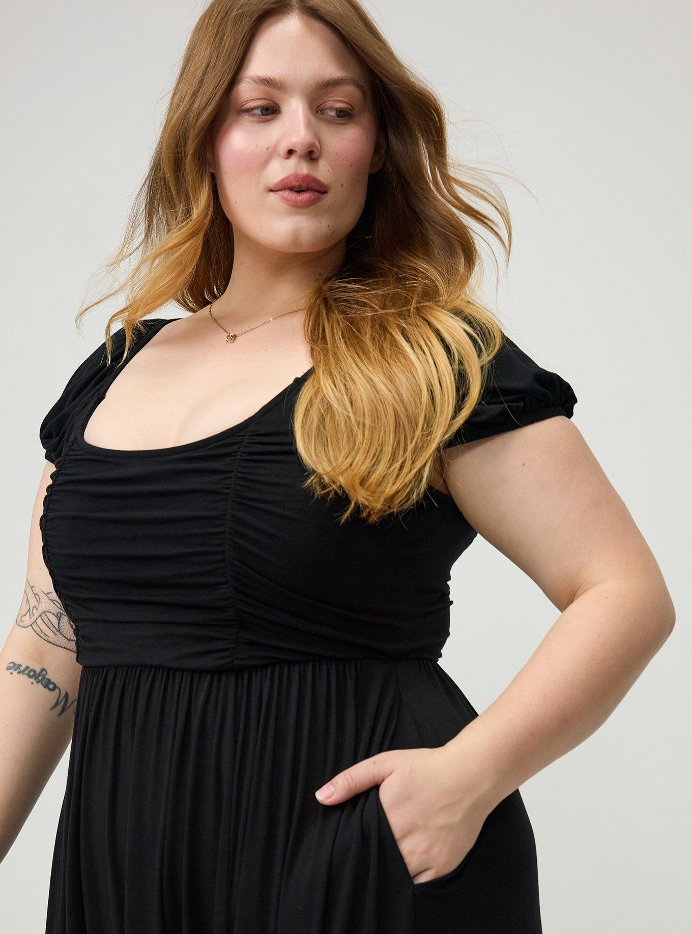 Ruched Tea Length Dress, DEEP BLACK, alternate