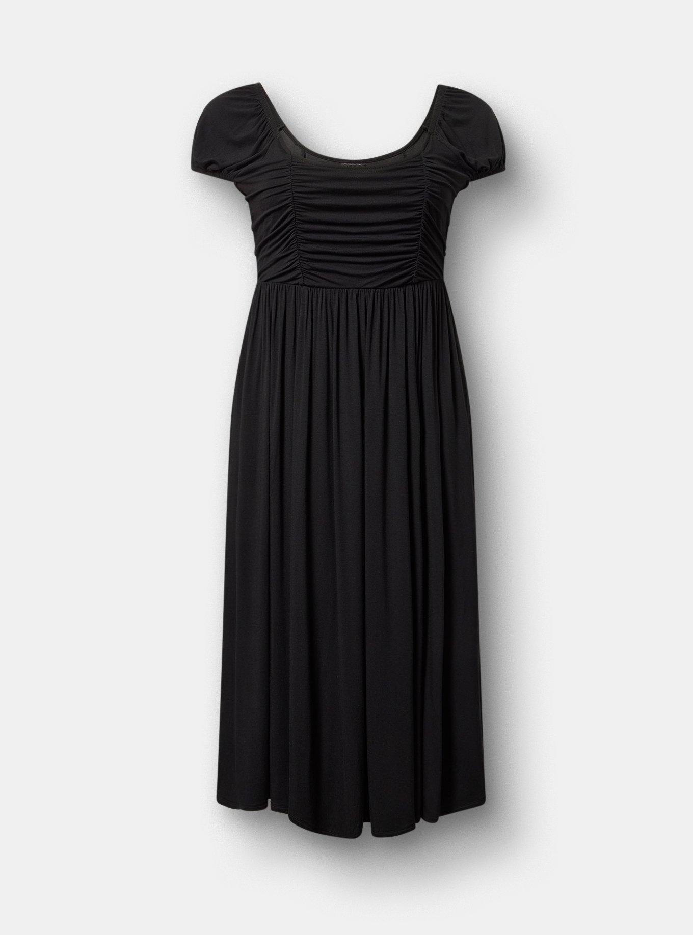 Ruched Tea Length Dress, DEEP BLACK, flat