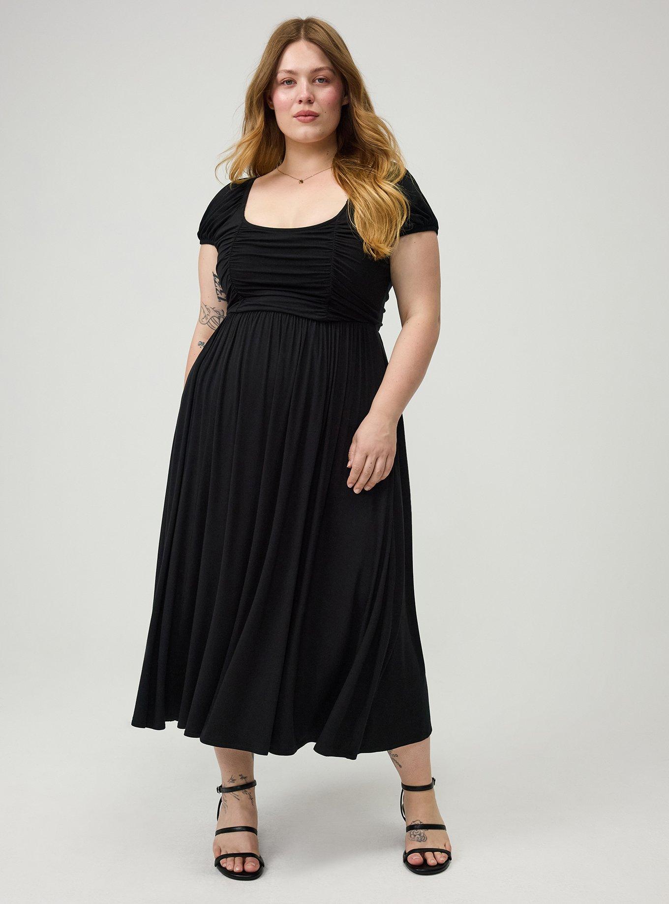 Plus Size Ruched Tea Length Dress, DEEP BLACK, hi-res