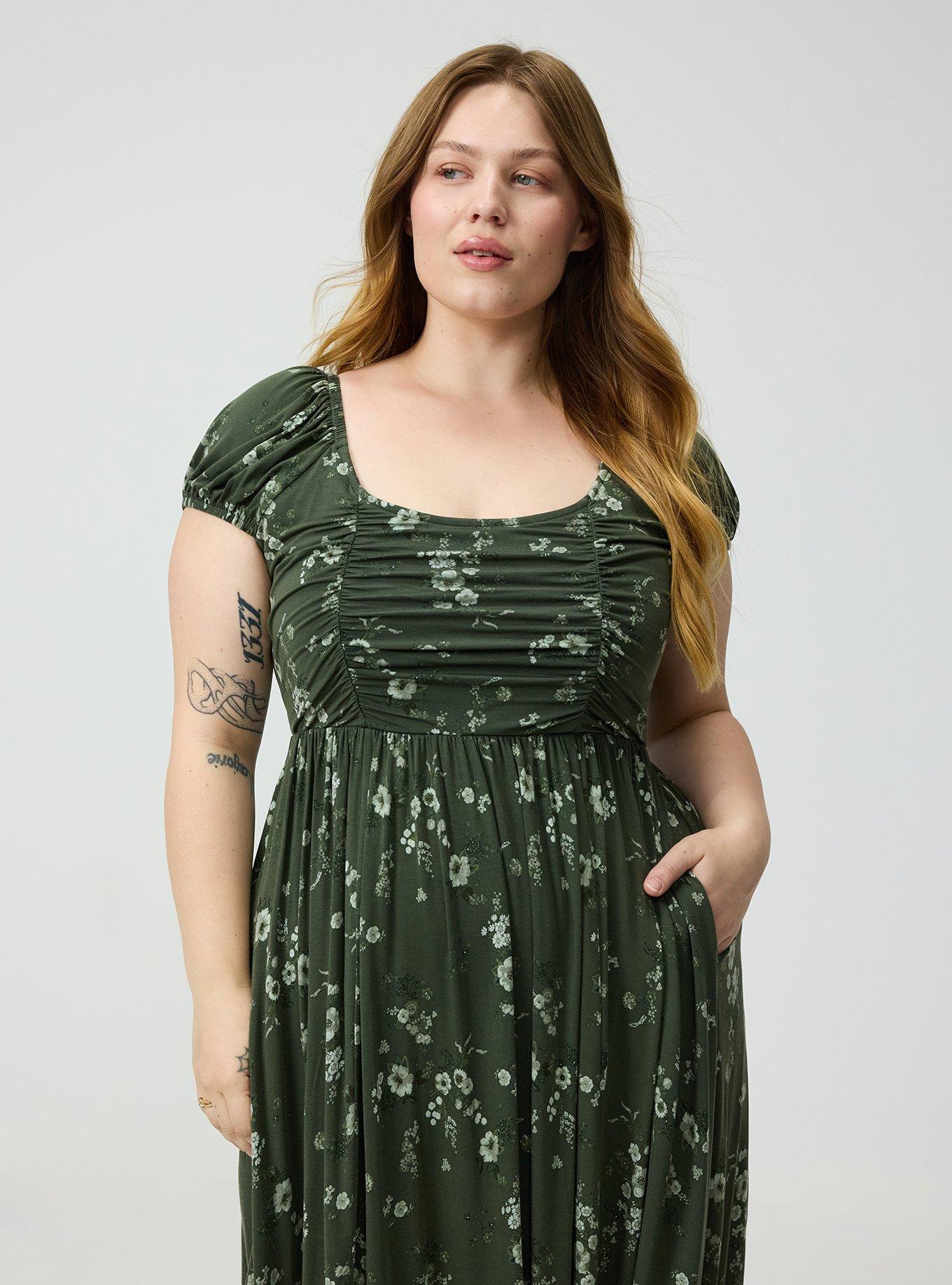 Ruched Tea Length Dress, DITSY RAIN OLIVE, alternate