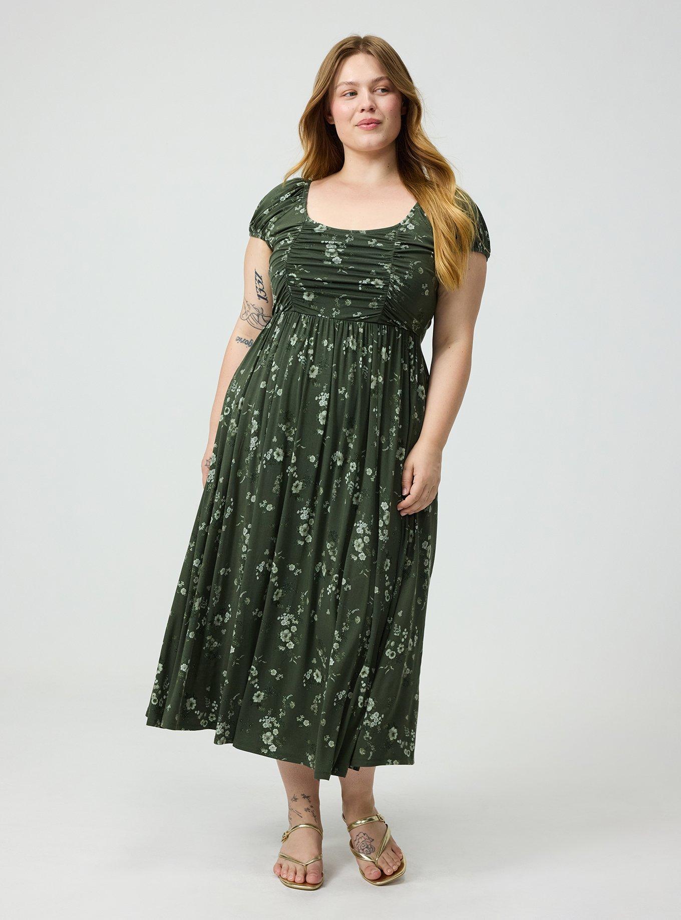 Ruched Tea Length Dress, DITSY RAIN OLIVE, alternate