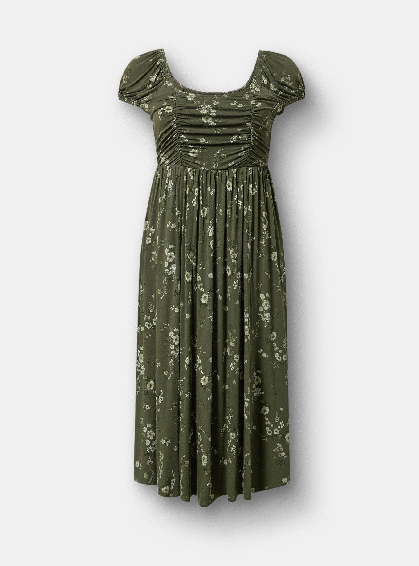 Ruched Tea Length Dress, DITSY RAIN OLIVE, flat