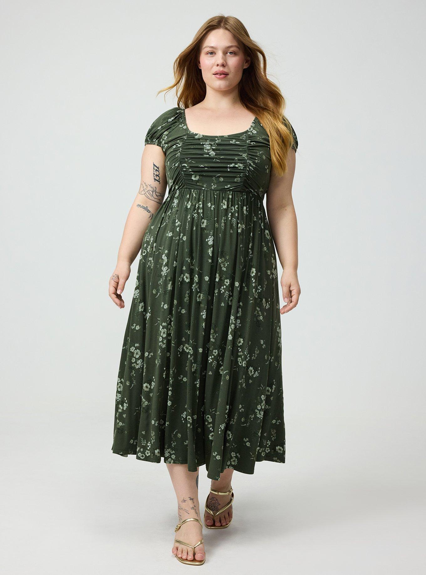 Plus Size Ruched Tea Length Dress, DITSY RAIN OLIVE, hi-res