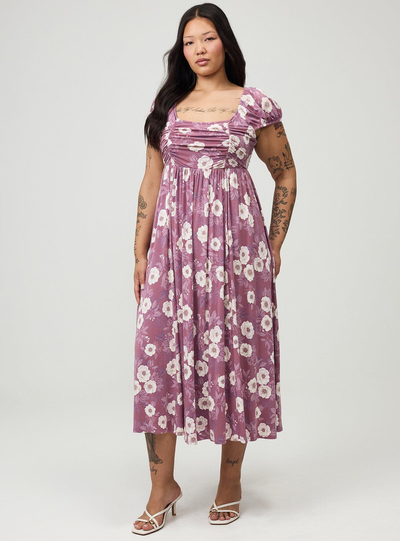 Plus Size Ruched Tea Length Dress, ALINA FLORAL VIOLET, hi-res