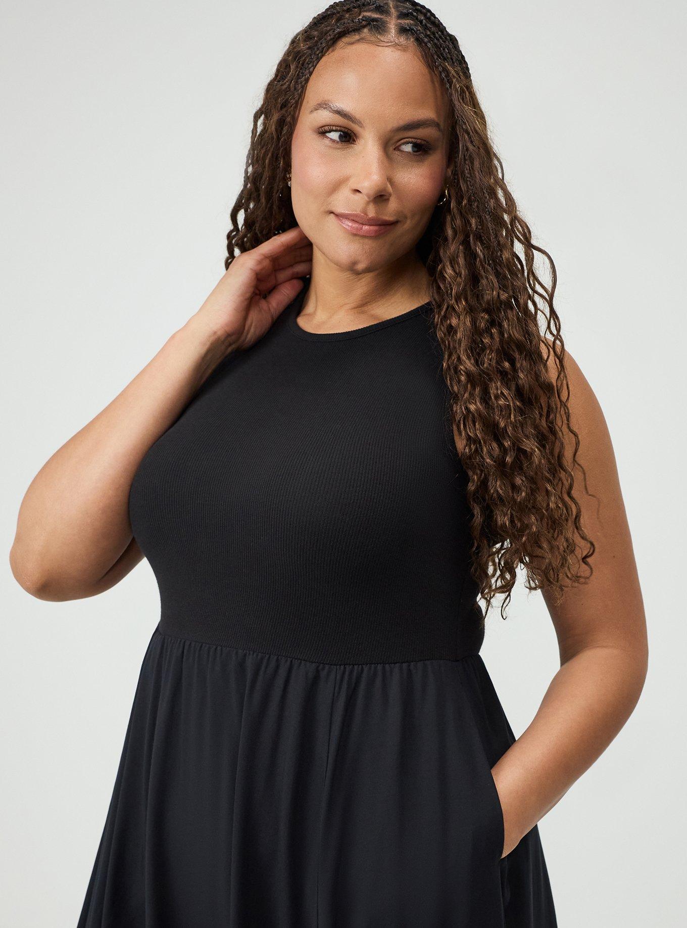 Plus Size Knit & Woven Midi Dress, DEEP BLACK, alternate