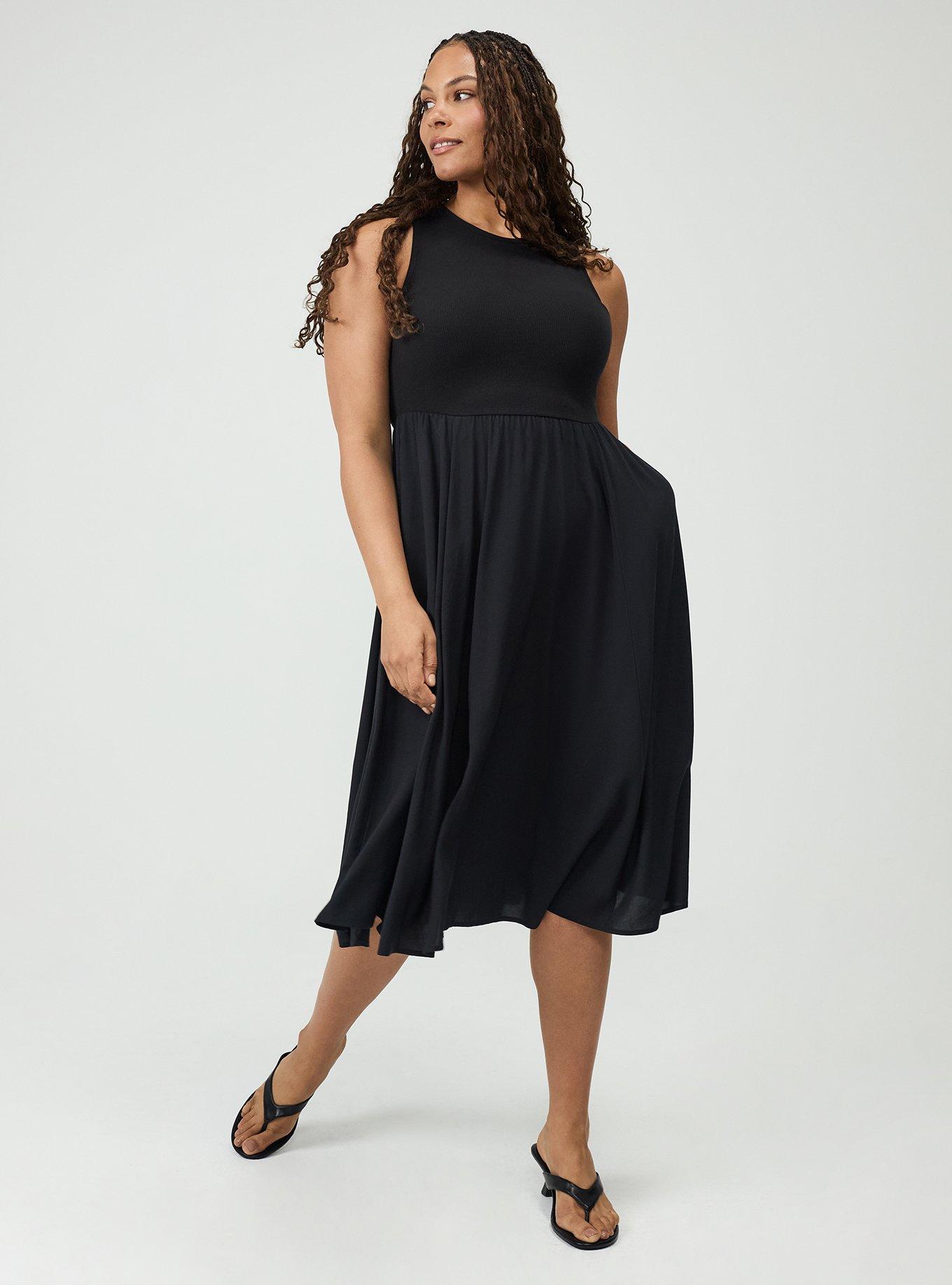Plus Size Knit & Woven Midi Dress, DEEP BLACK, alternate