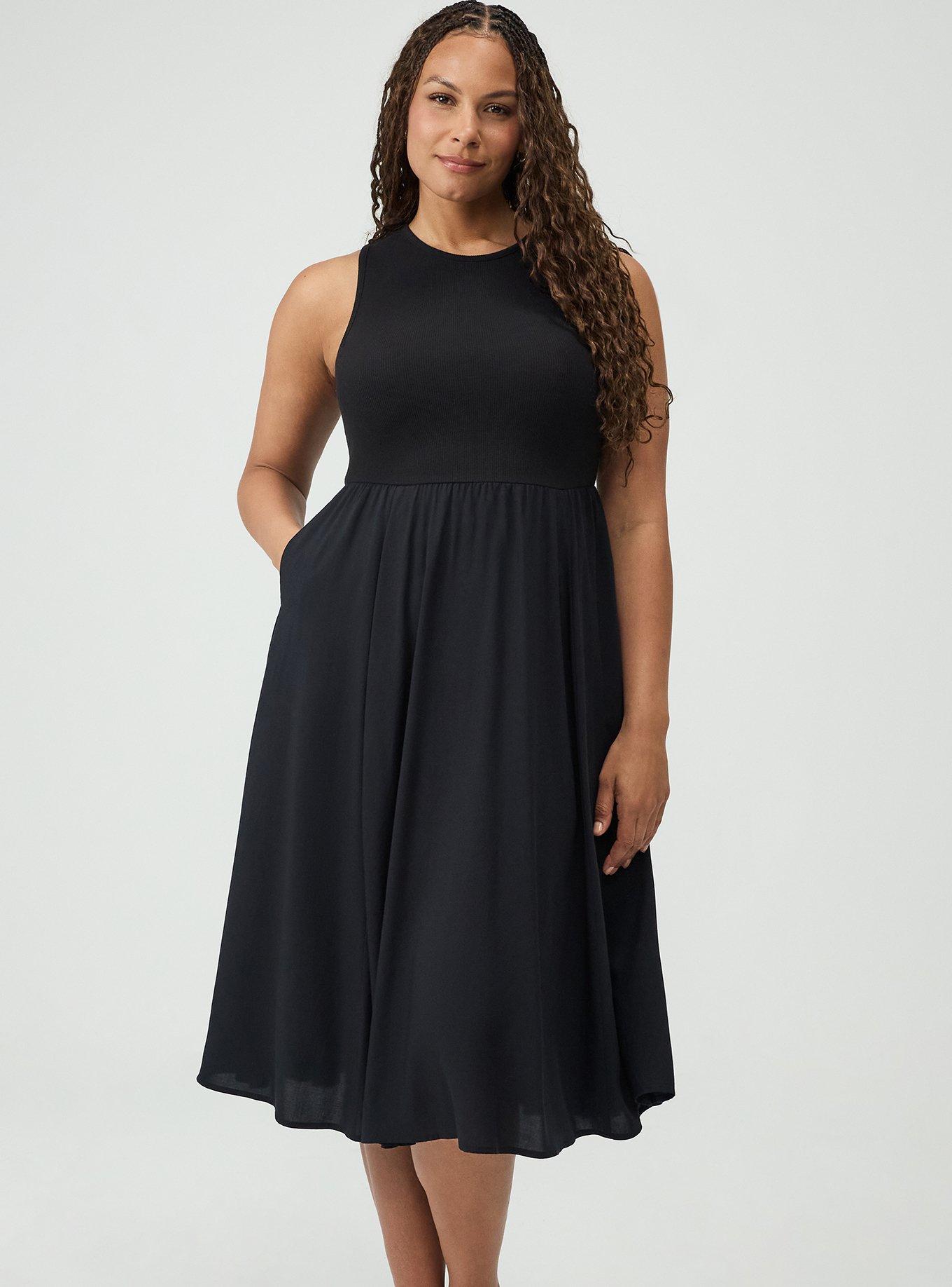 Plus Size Knit & Woven Midi Dress, DEEP BLACK, hi-res