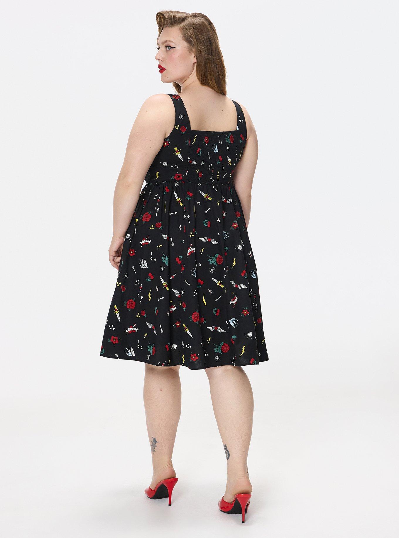 Retro Chic Belted V-Neck Swing Dress, ROSE ON ROSE TATTOO BLACK, alternate