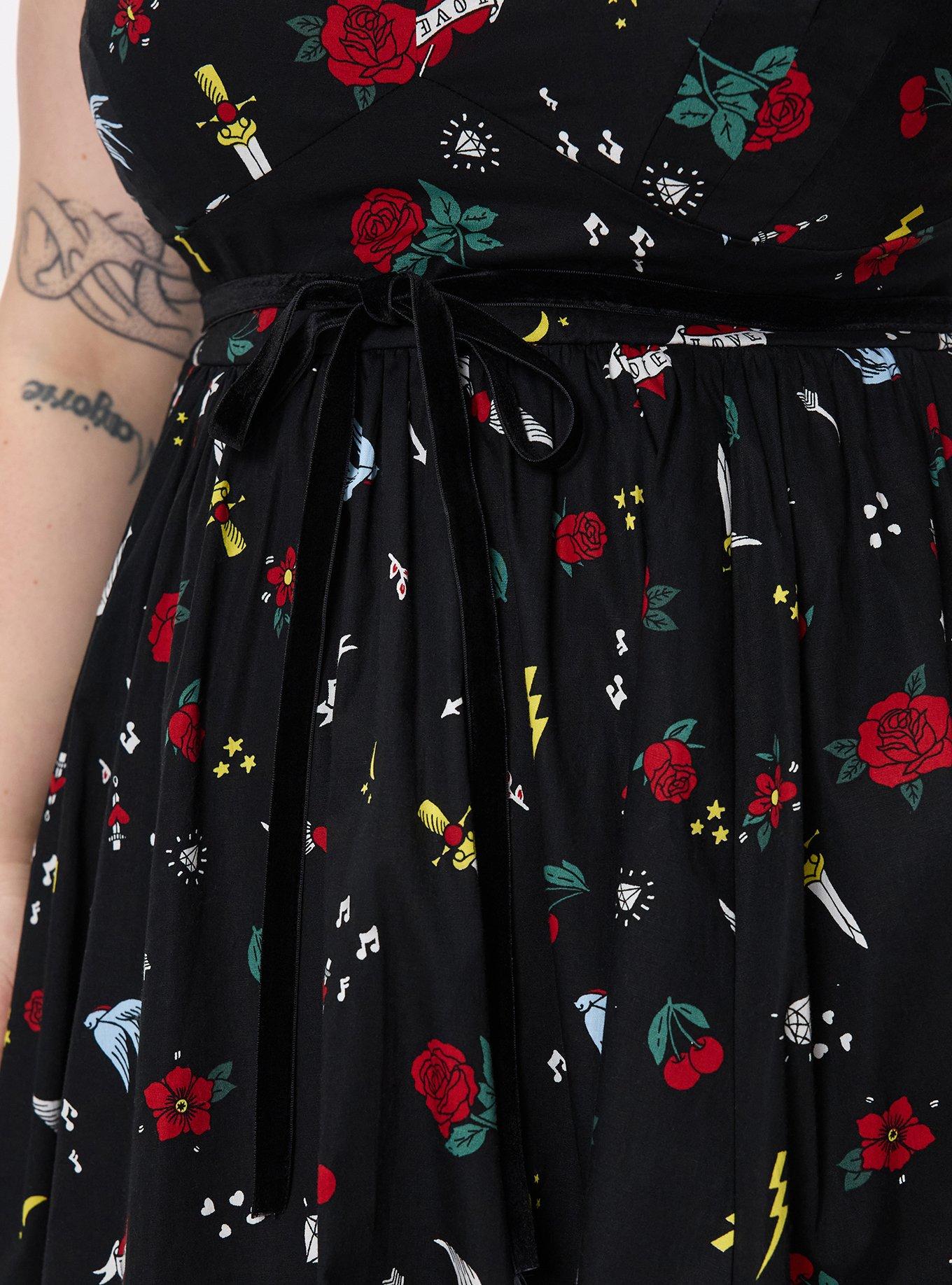 Retro Chic Belted V-Neck Swing Dress, ROSE ON ROSE TATTOO BLACK, alternate