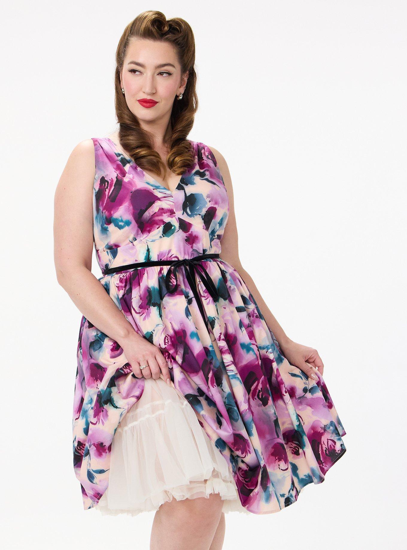 Retro Chic Belted V-Neck Swing Dress, ROSE WATER FLORAL PLUM, alternate