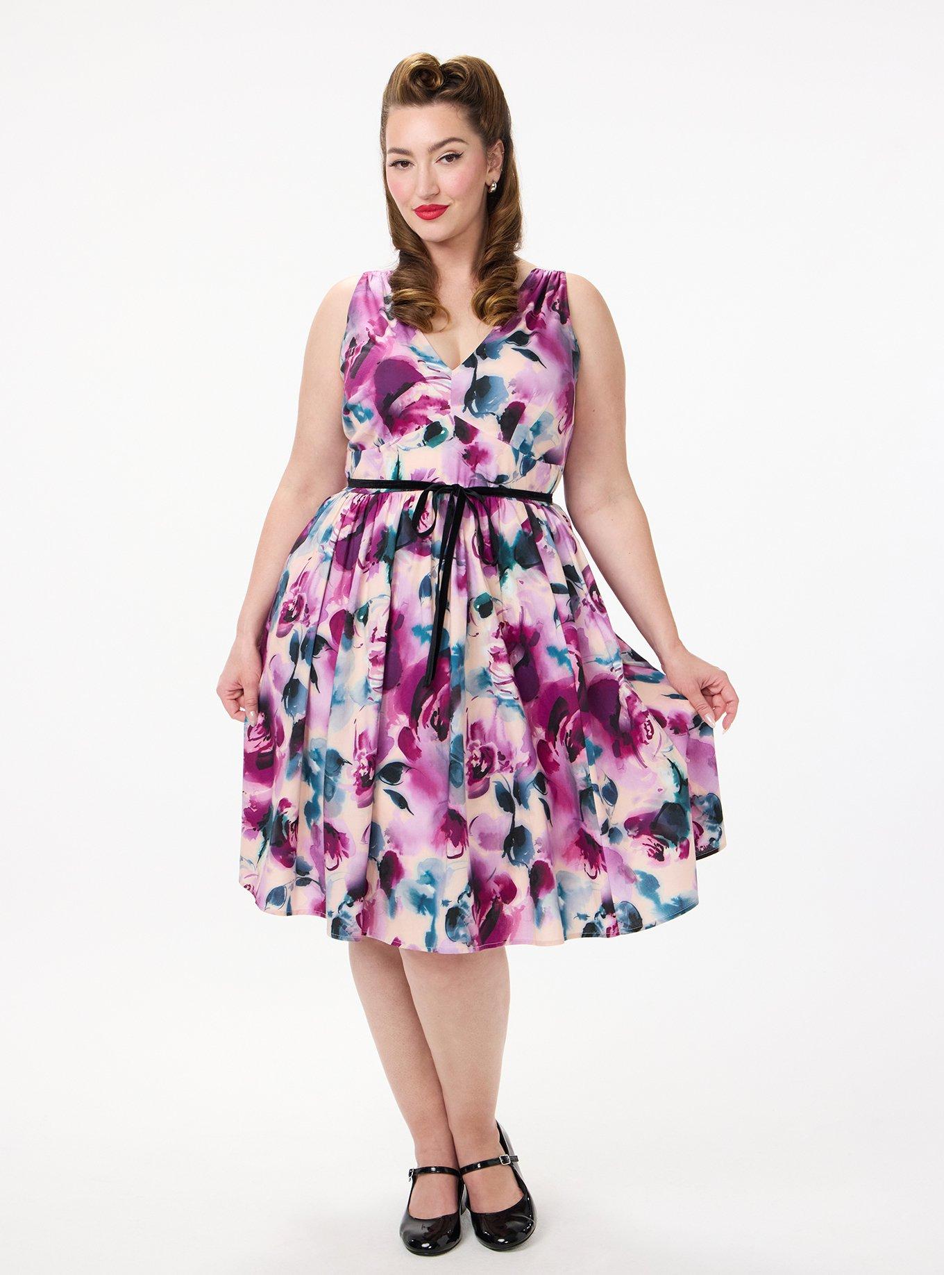 Retro Chic Belted V-Neck Swing Dress, ROSE WATER FLORAL PLUM, alternate