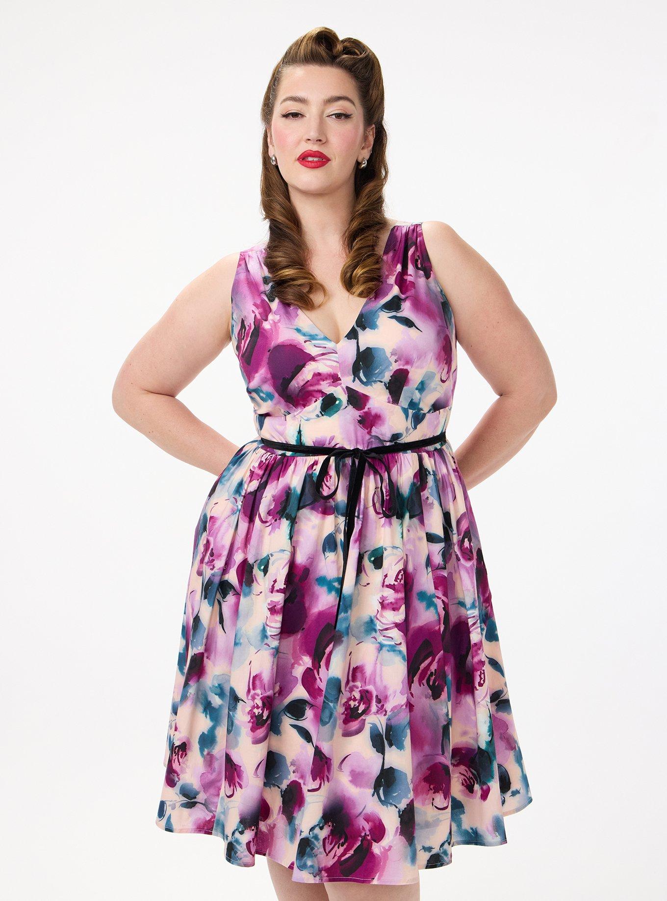 Retro Chic Belted V-Neck Swing Dress, ROSE WATER FLORAL PLUM, hi-res