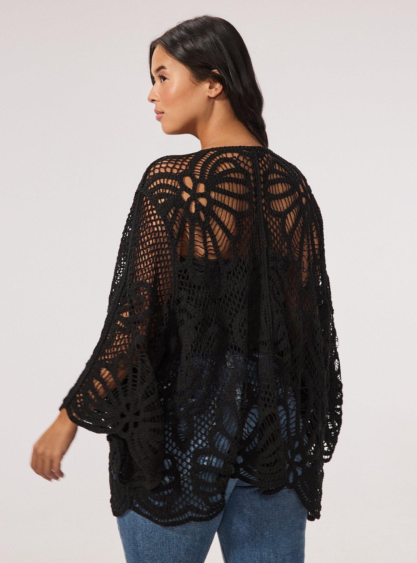 Crochet Ruana With Sleeves, BLACK, alternate