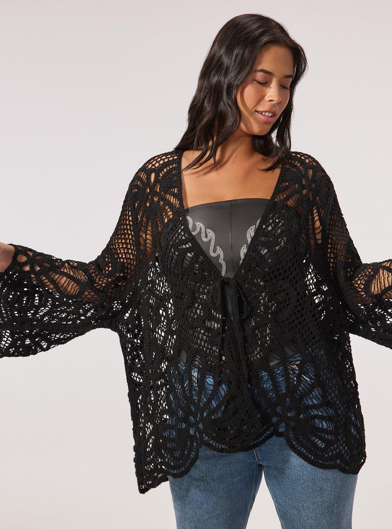 Crochet Ruana With Sleeves, BLACK, alternate