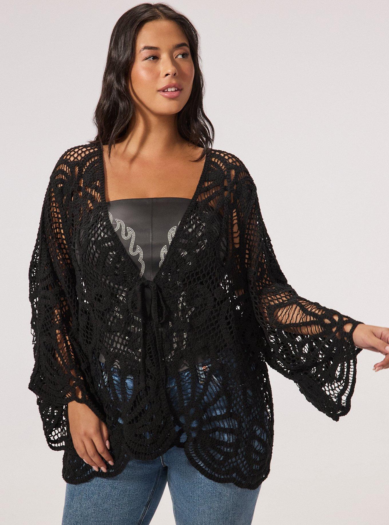 Crochet Ruana With Sleeves, BLACK, hi-res