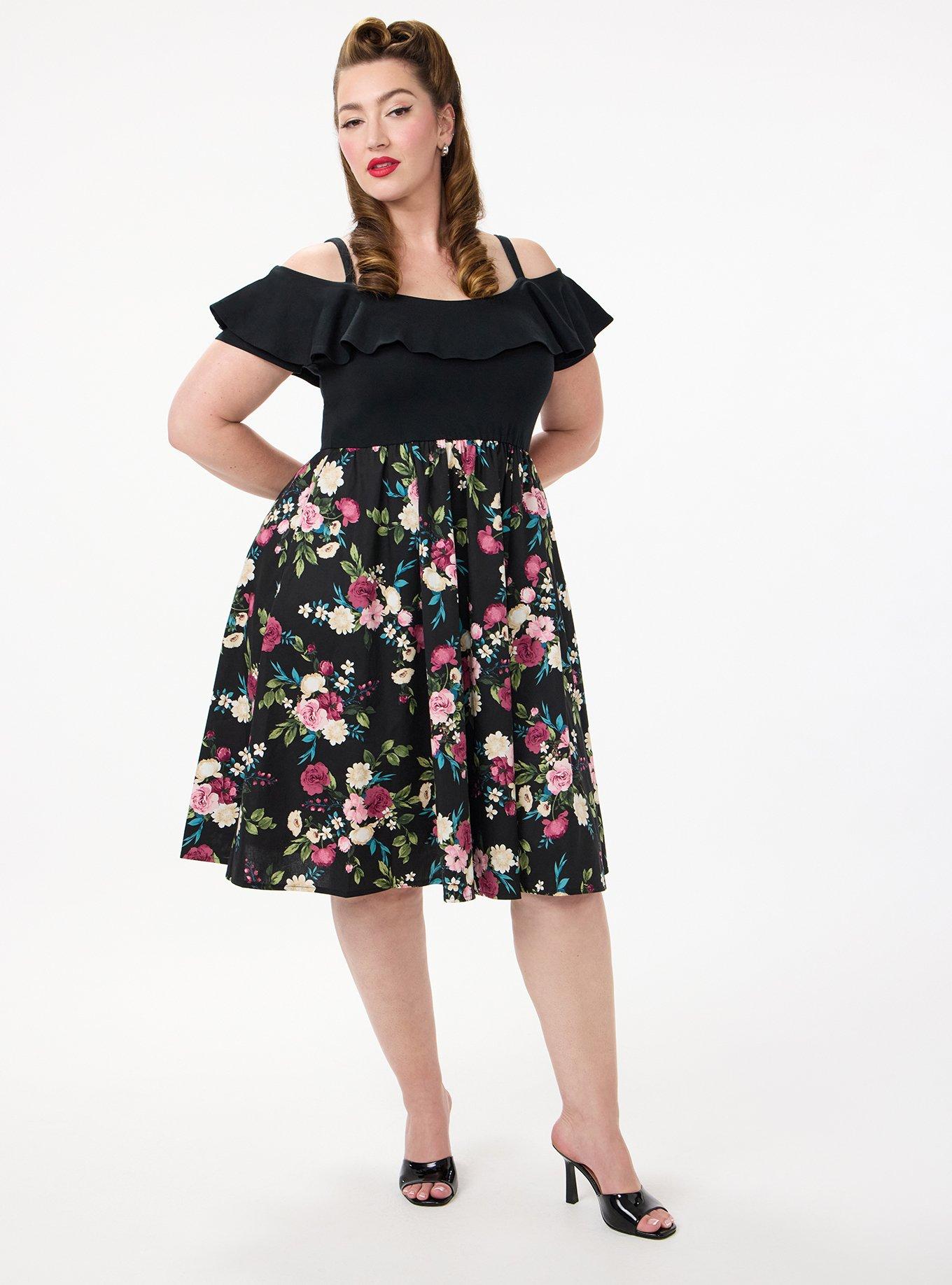 Retro Chic Off-Shoulder Midi Dress, CORRIE FLORAL BLACK, alternate
