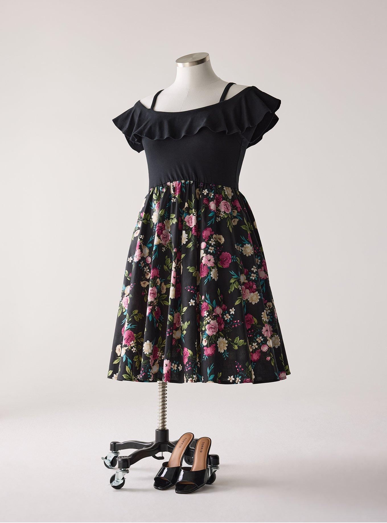 Retro Chic Off-Shoulder Midi Dress, CORRIE FLORAL BLACK, flat
