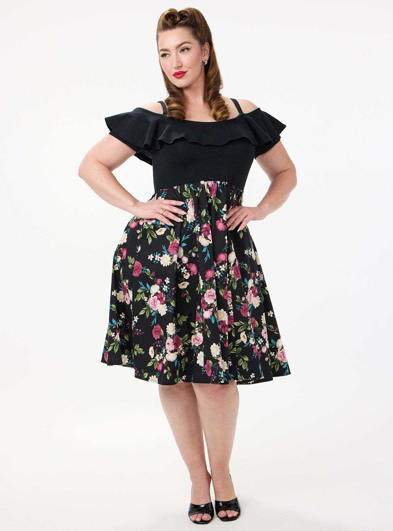 Retro Chic Off-Shoulder Midi Dress, CORRIE FLORAL BLACK, hi-res