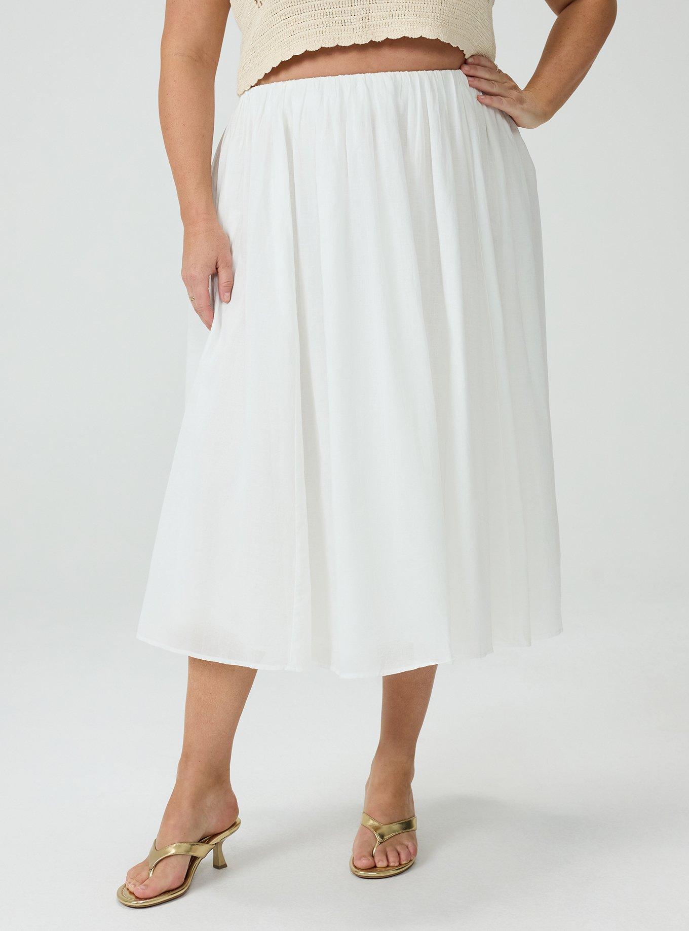 Plus Size Studio Shirred Waist Tea Length Skirt, BLANC DE BLANC, alternate