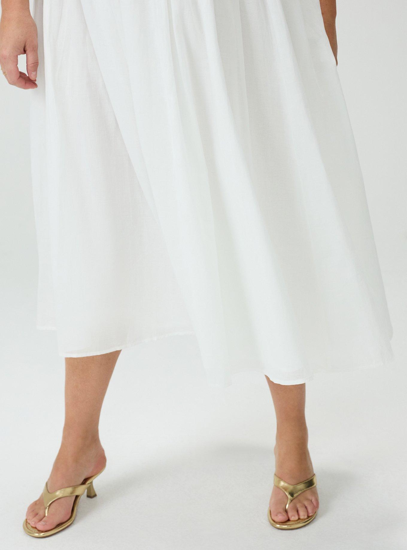 Plus Size Studio Shirred Waist Tea Length Skirt, BLANC DE BLANC, alternate