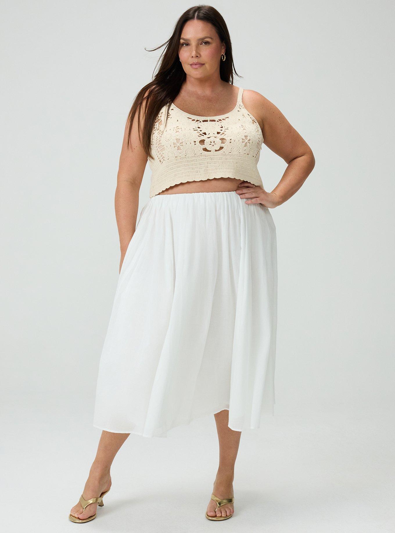Plus Size Studio Shirred Waist Tea Length Skirt, BLANC DE BLANC, hi-res