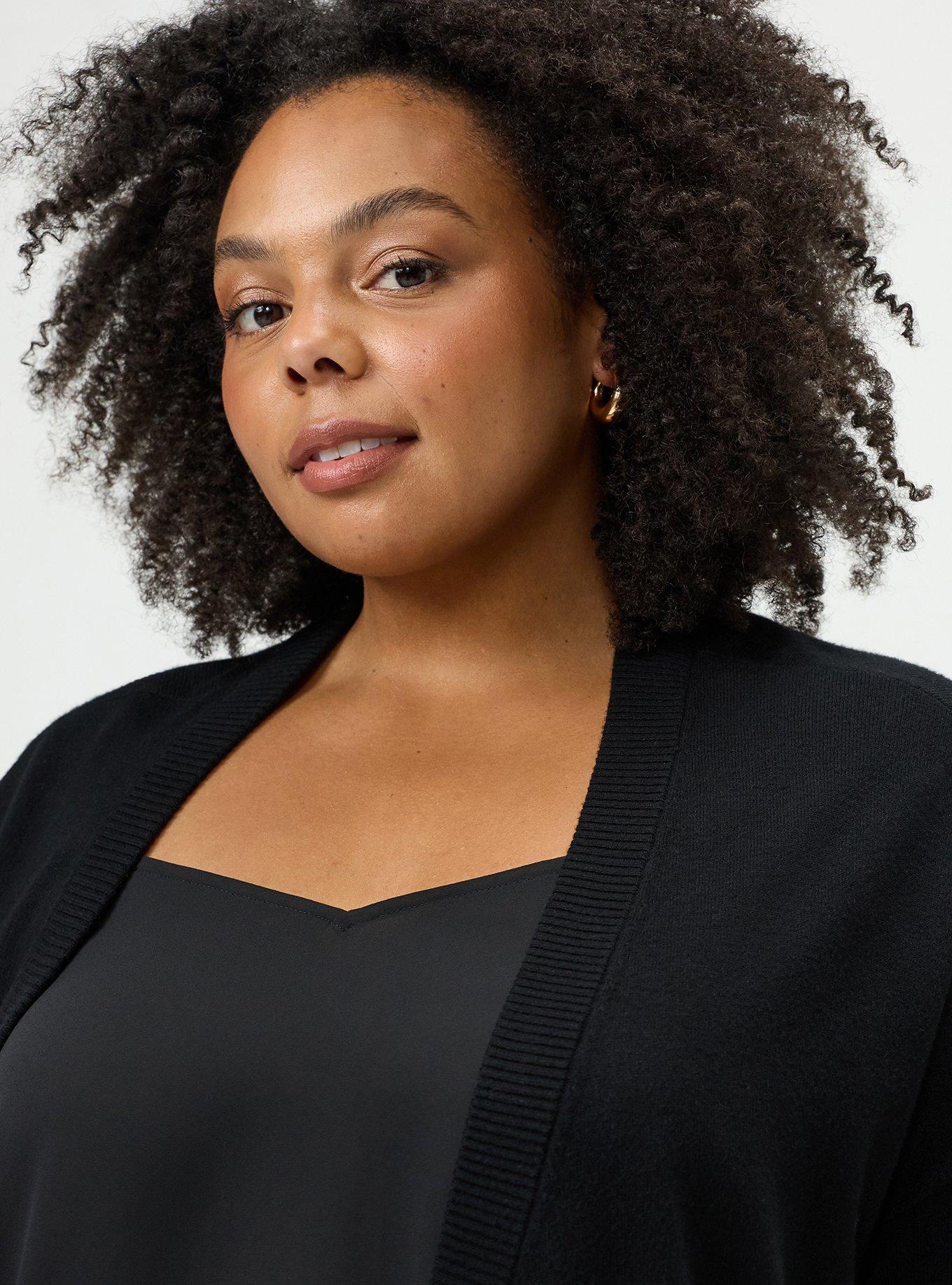 Plus Size Everyday Soft Drop Shoulder V-Neck Cardigan, DEEP BLACK, alternate