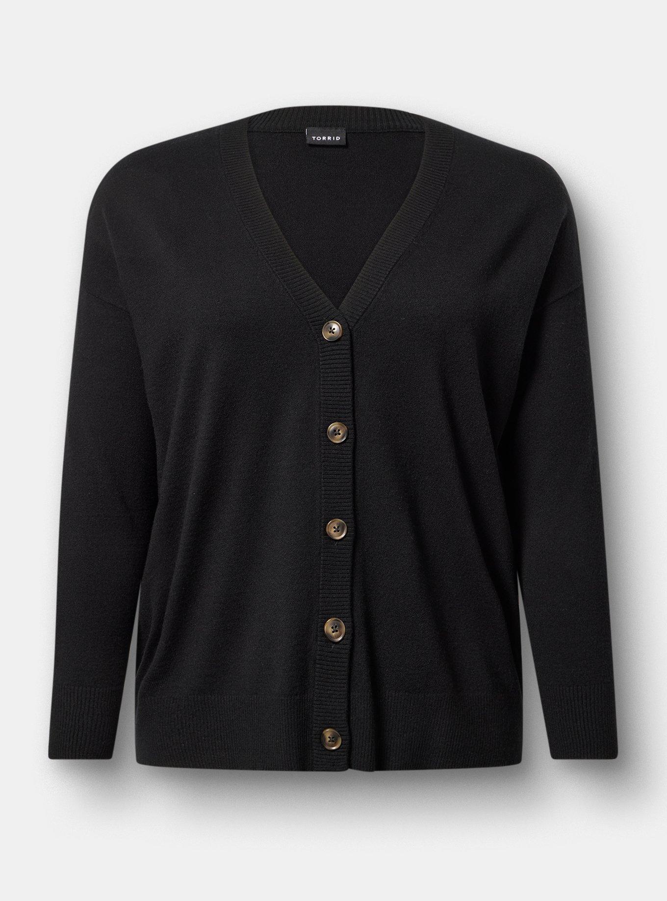 Plus Size Everyday Soft Drop Shoulder V-Neck Cardigan, DEEP BLACK, flat