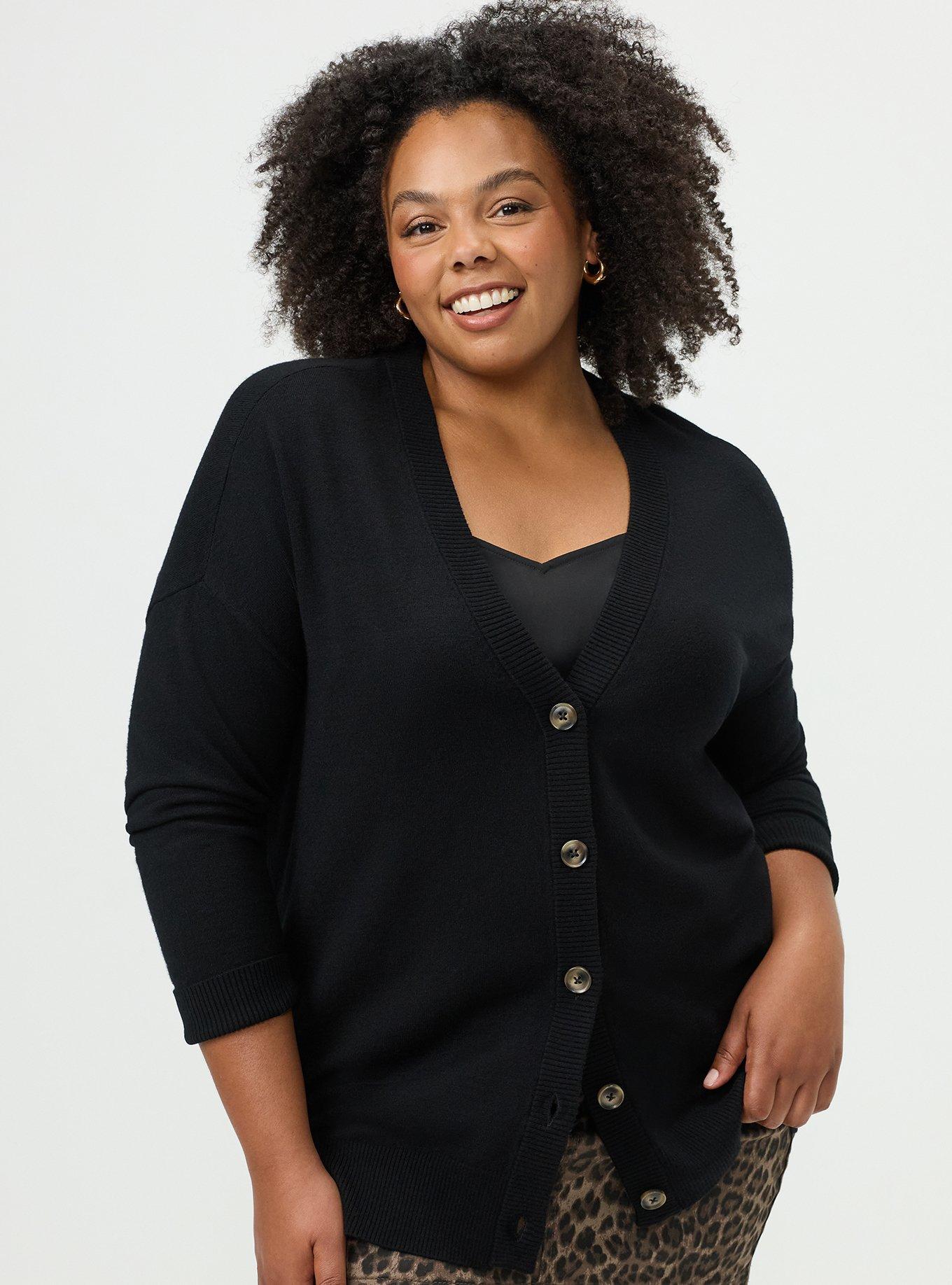 Plus Size Everyday Soft Drop Shoulder V-Neck Cardigan, DEEP BLACK, hi-res