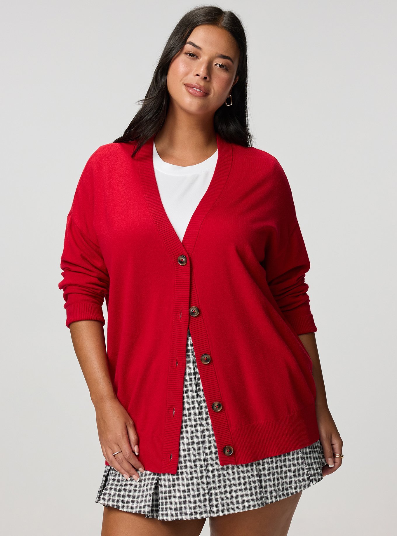 Everyday Soft Drop Shoulder V-Neck Cardigan, JESTER RED, hi-res