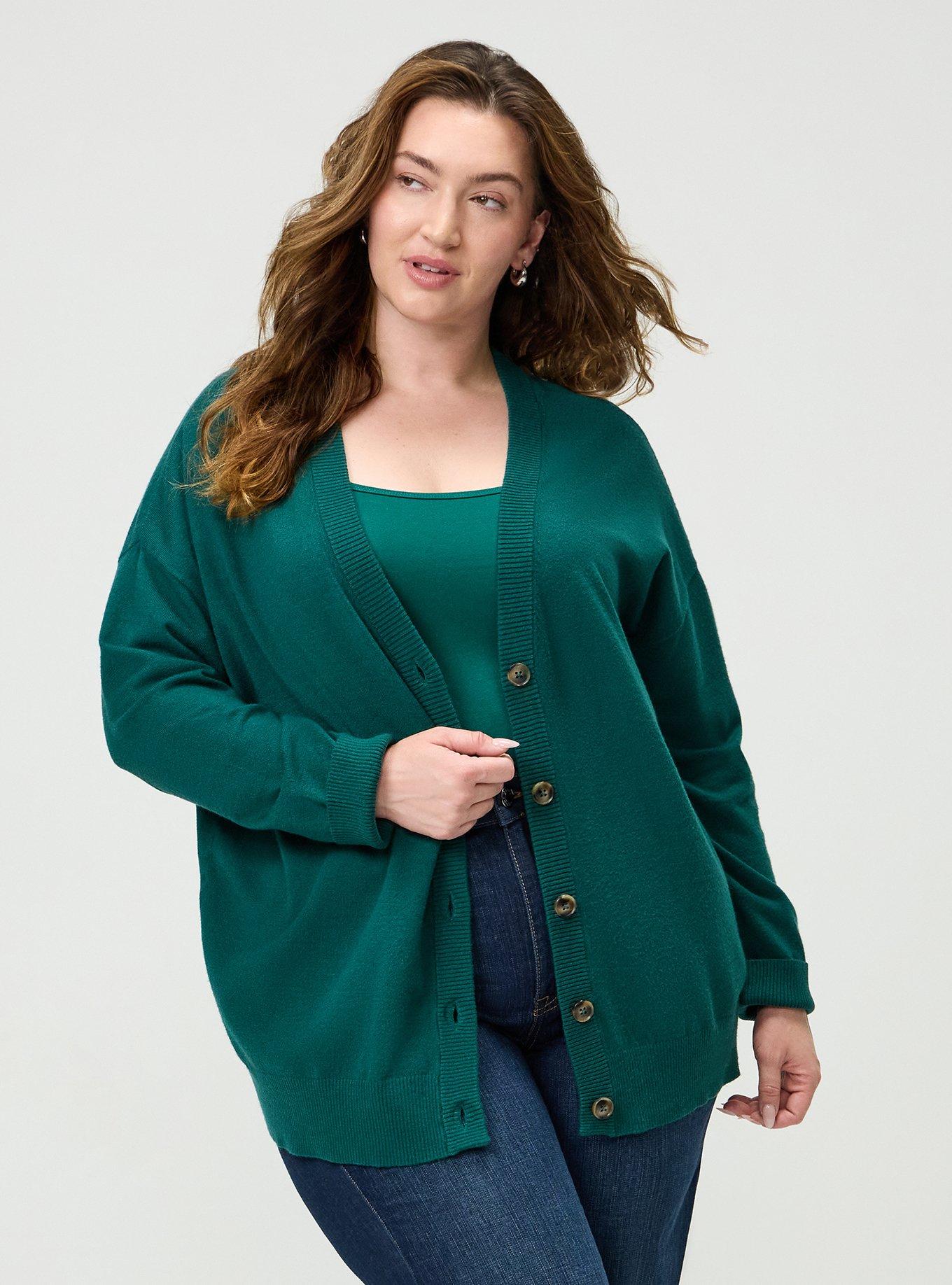 Plus Size Everyday Soft Drop Shoulder V-Neck Cardigan, BOTANICAL GREEN, alternate