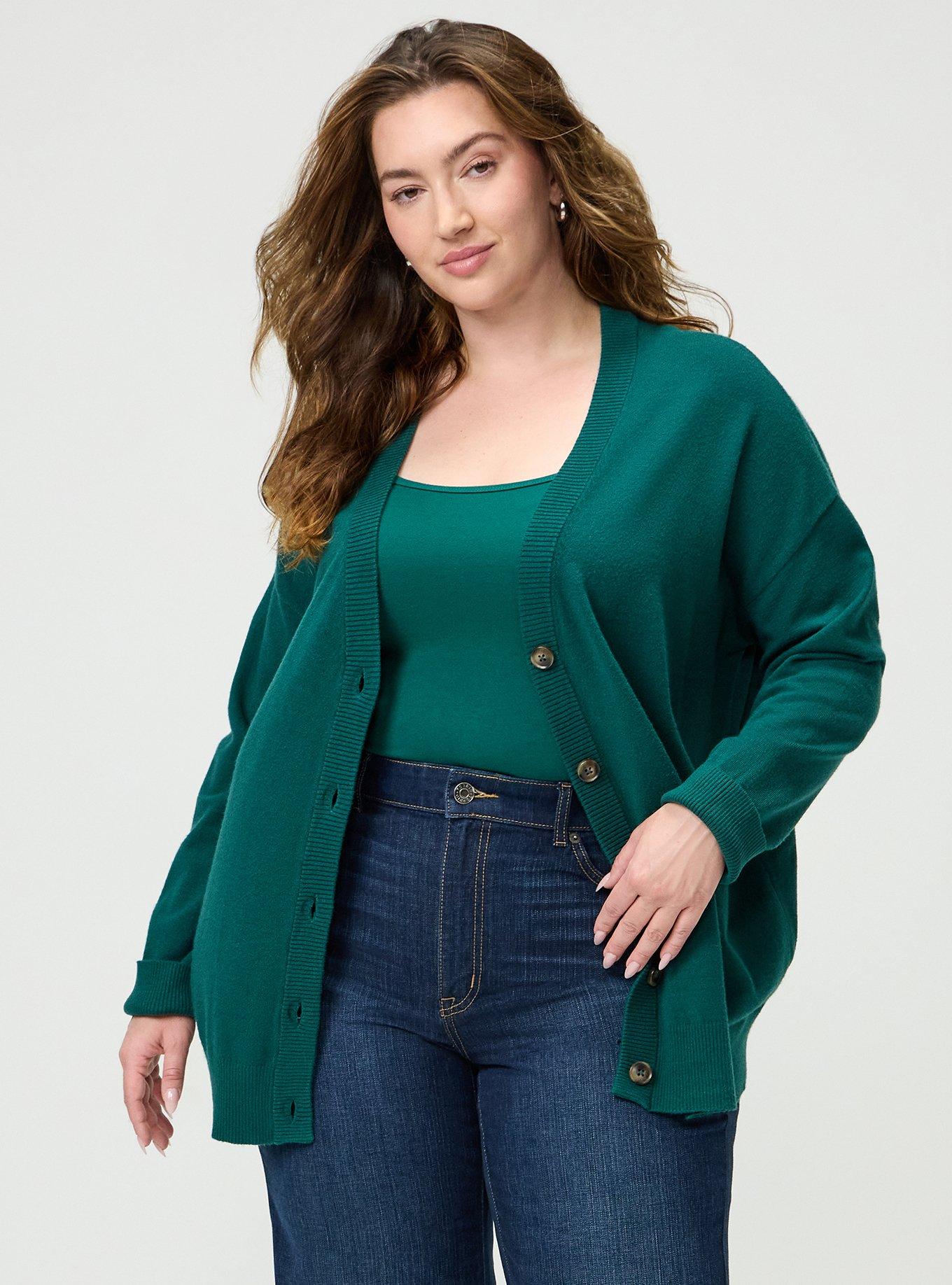 Plus Size Everyday Soft Drop Shoulder V-Neck Cardigan, BOTANICAL GREEN, alternate