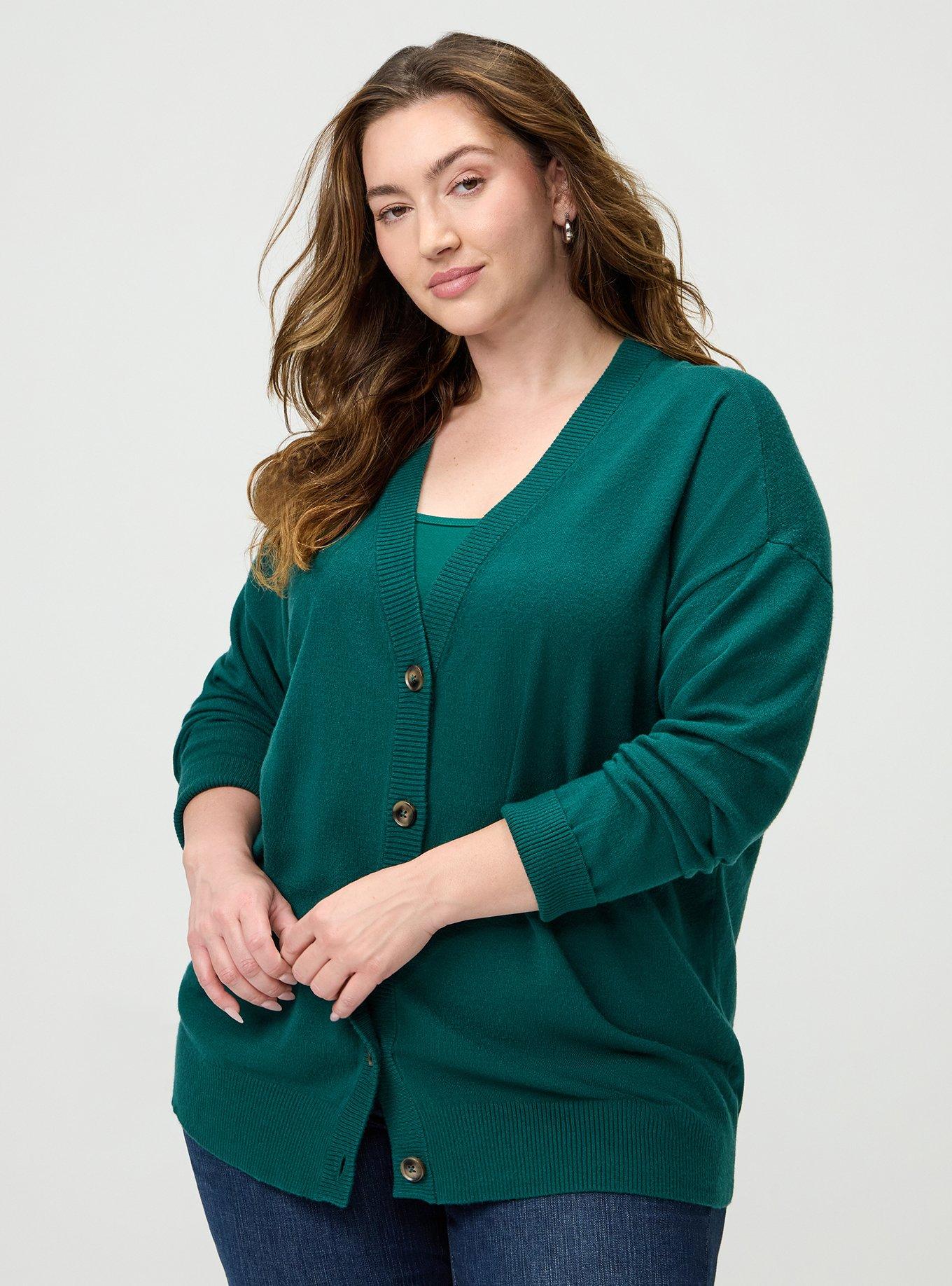 Plus Size Everyday Soft Drop Shoulder V-Neck Cardigan, BOTANICAL GREEN, hi-res