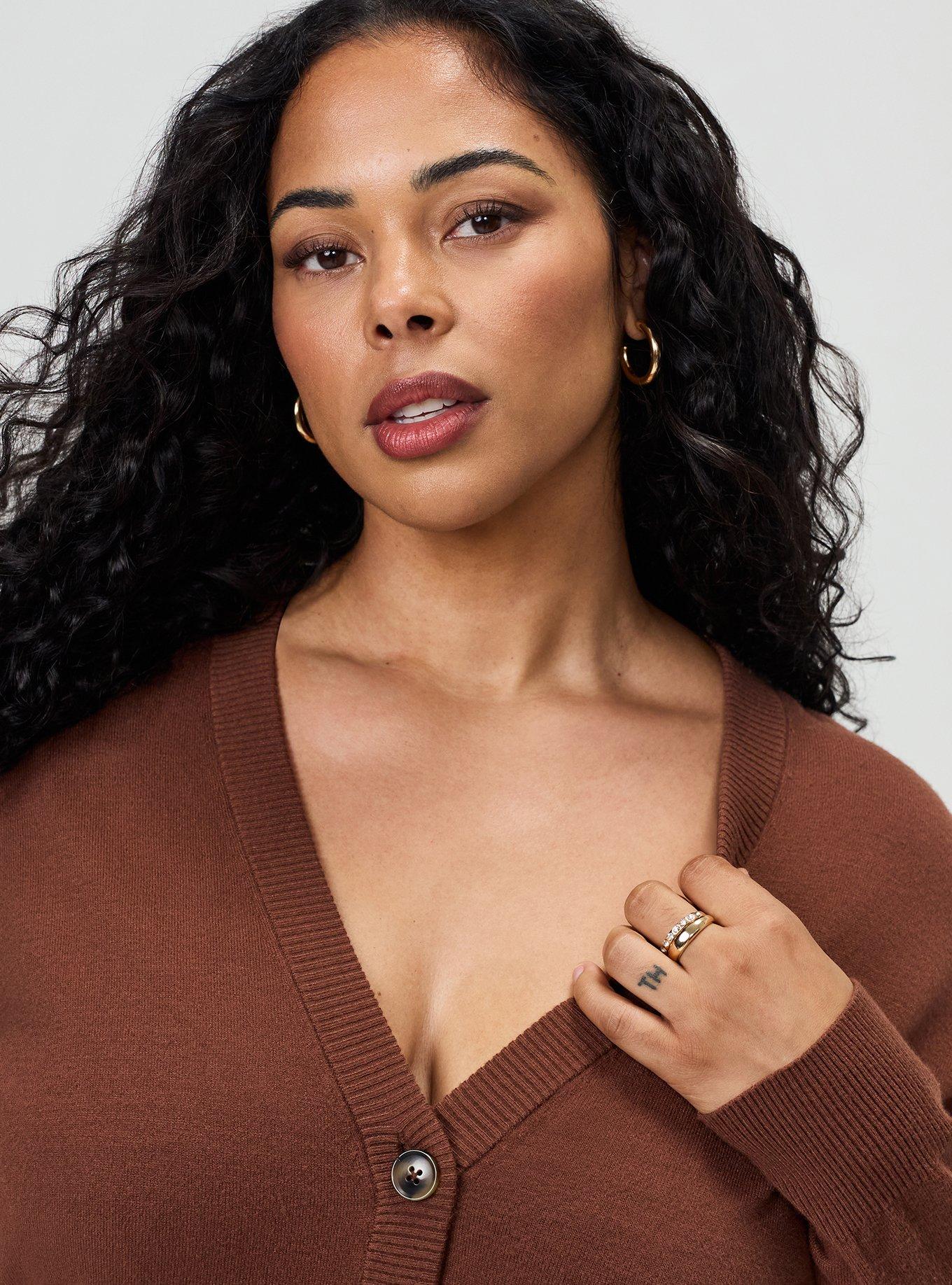 Plus Size Everyday Soft Drop Shoulder V-Neck Cardigan, CAPPUCCINO, alternate