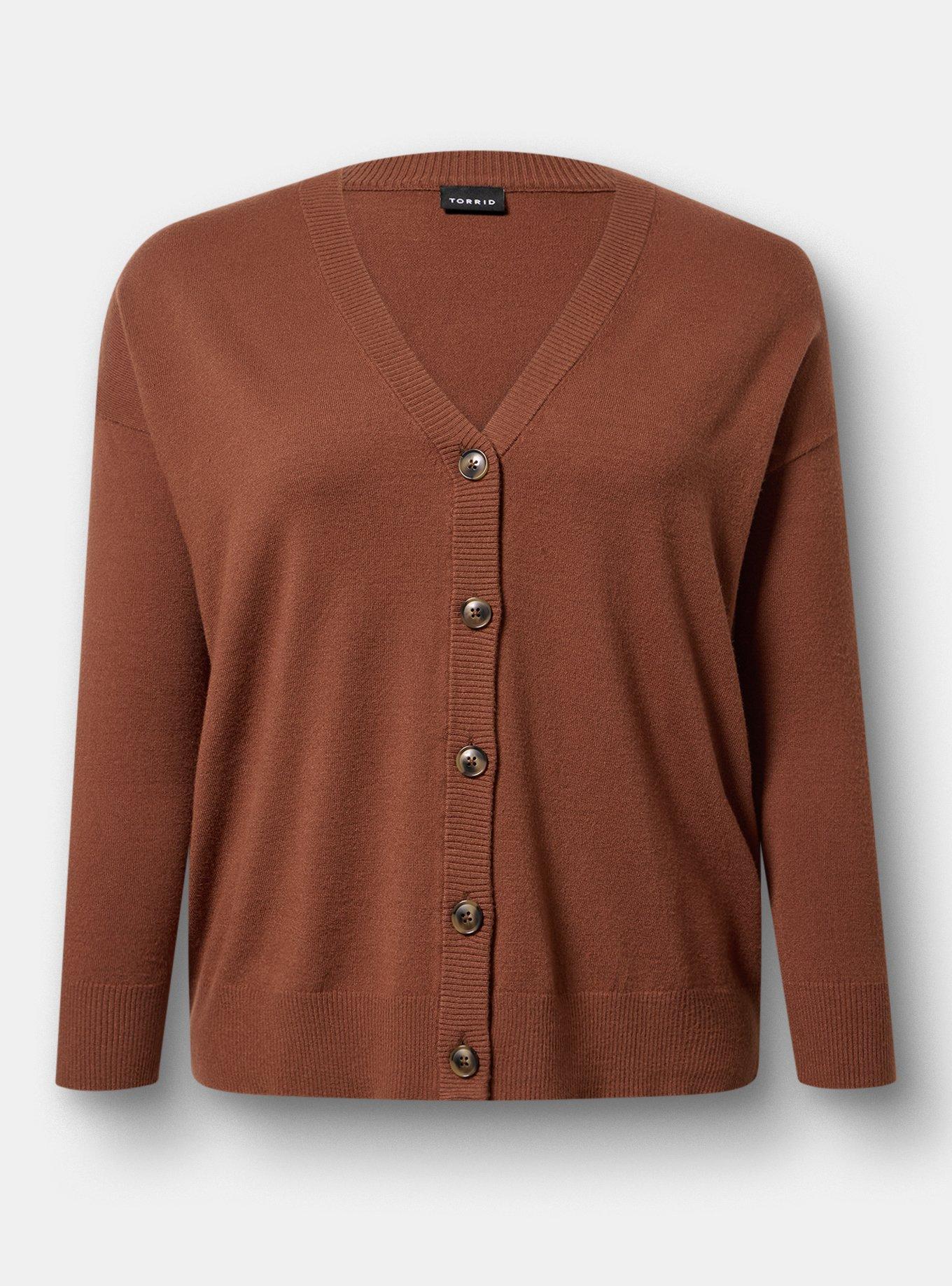 Plus Size Everyday Soft Drop Shoulder V-Neck Cardigan, CAPPUCCINO, flat
