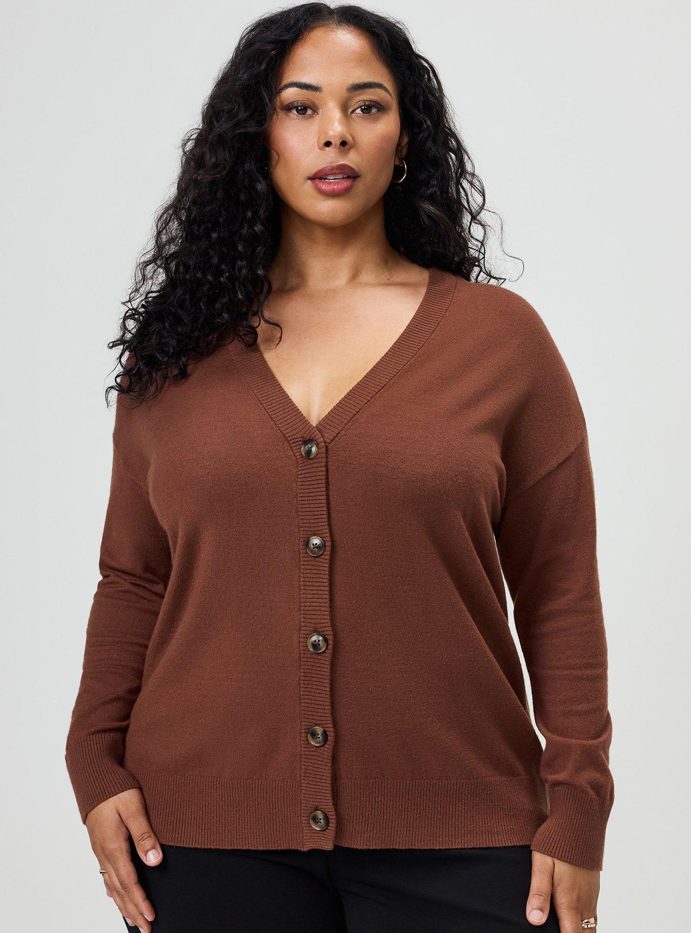 Plus Size Everyday Soft Drop Shoulder V-Neck Cardigan, CAPPUCCINO, hi-res