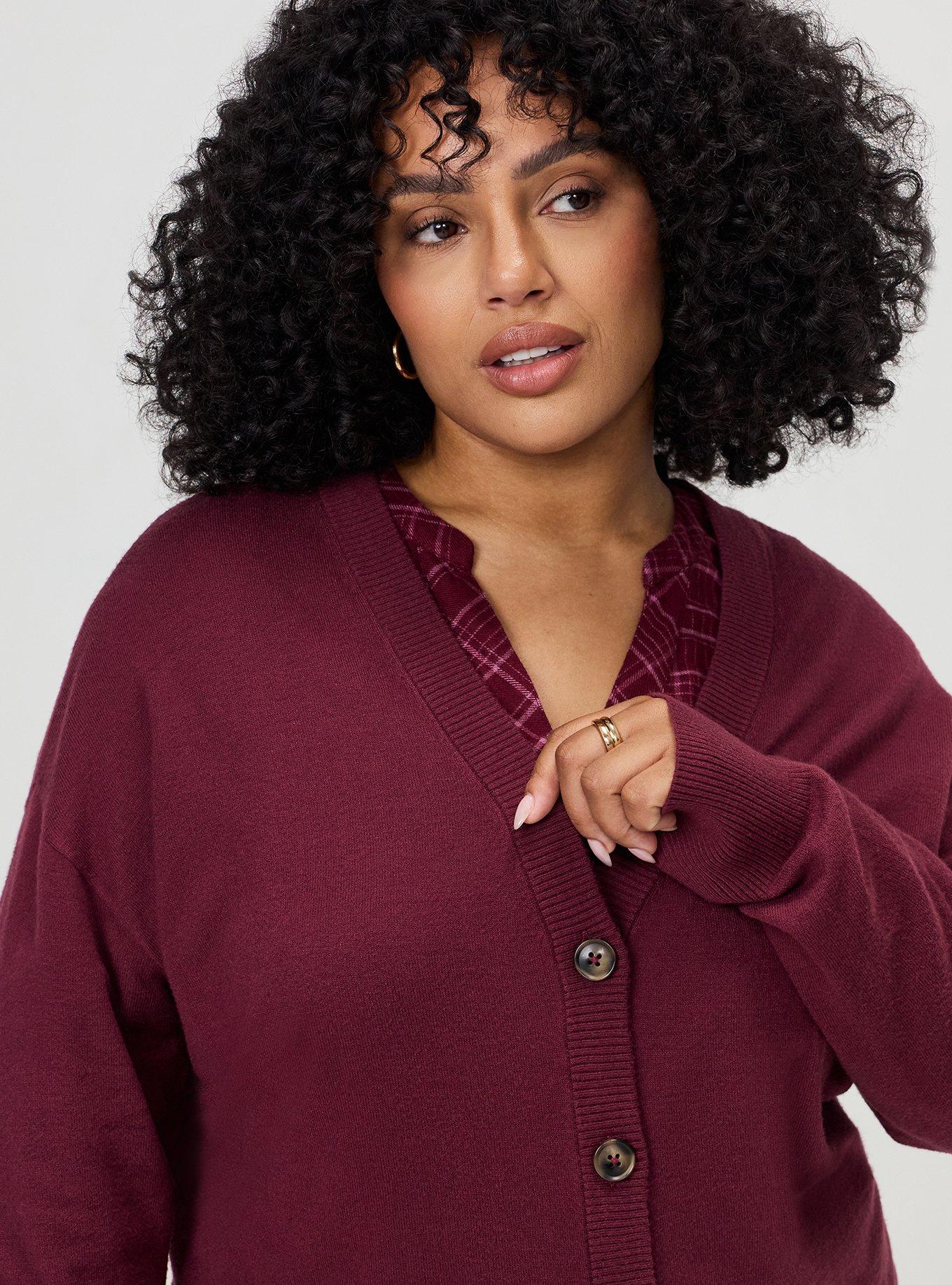 Everyday Soft Drop Shoulder V-Neck Cardigan, MAROON BANNER, alternate