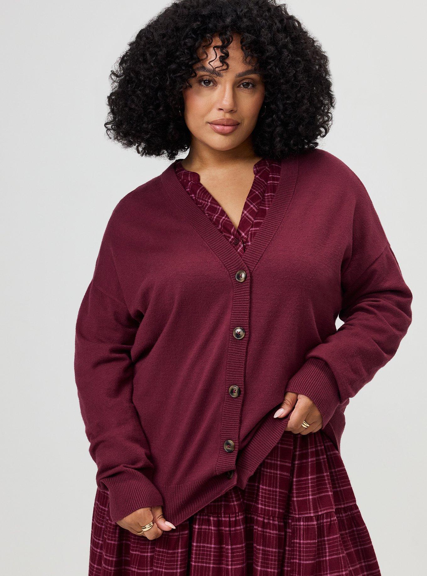 Everyday Soft Drop Shoulder V-Neck Cardigan, MAROON BANNER, hi-res