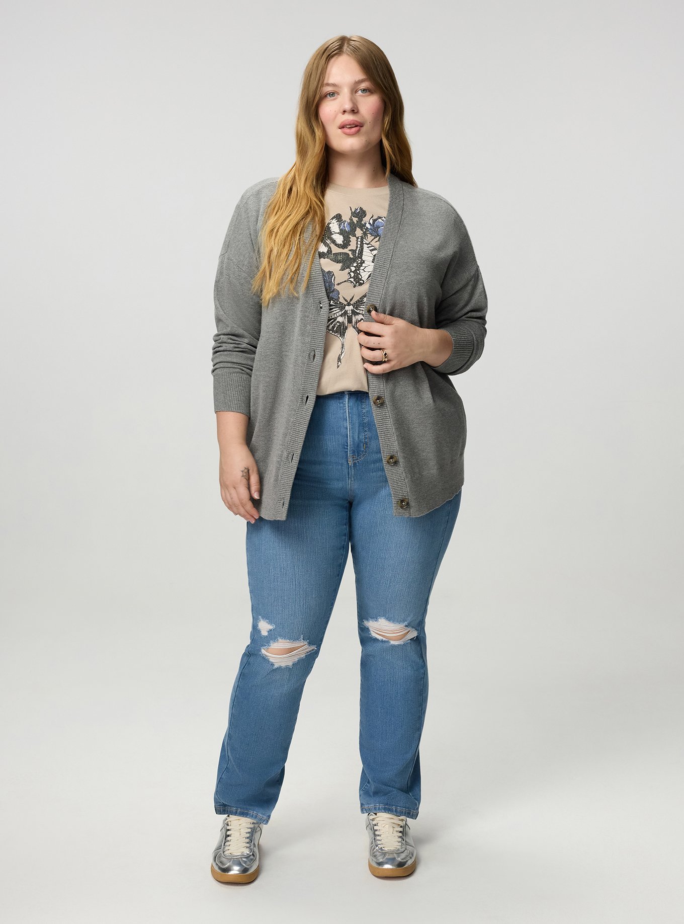 Everyday Soft Drop Shoulder V-Neck Cardigan, MED HEATHER GREY, alternate