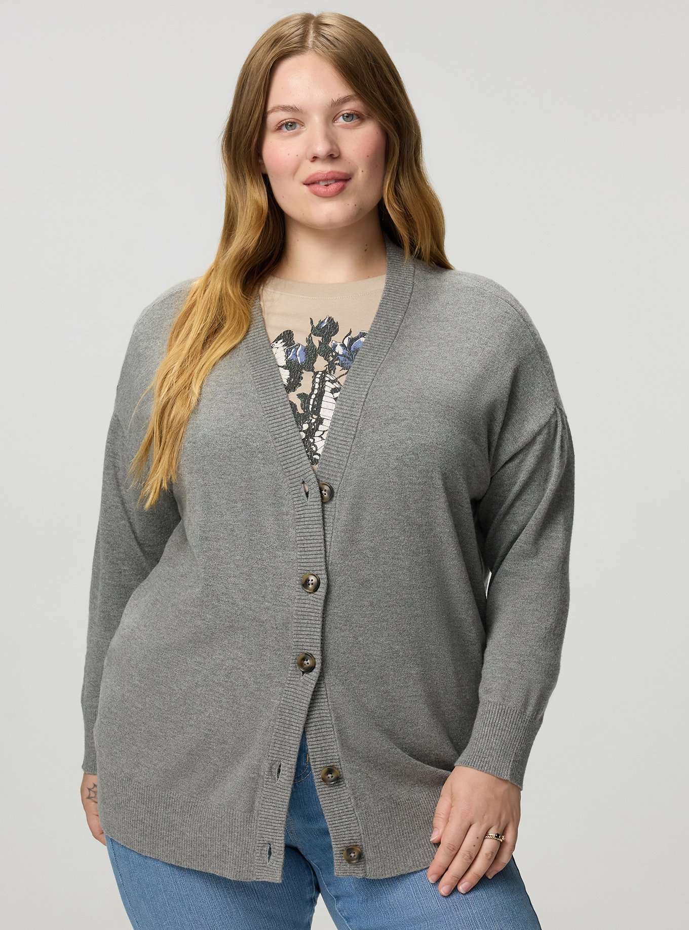 Everyday Soft Drop Shoulder V-Neck Cardigan, MED HEATHER GREY, hi-res