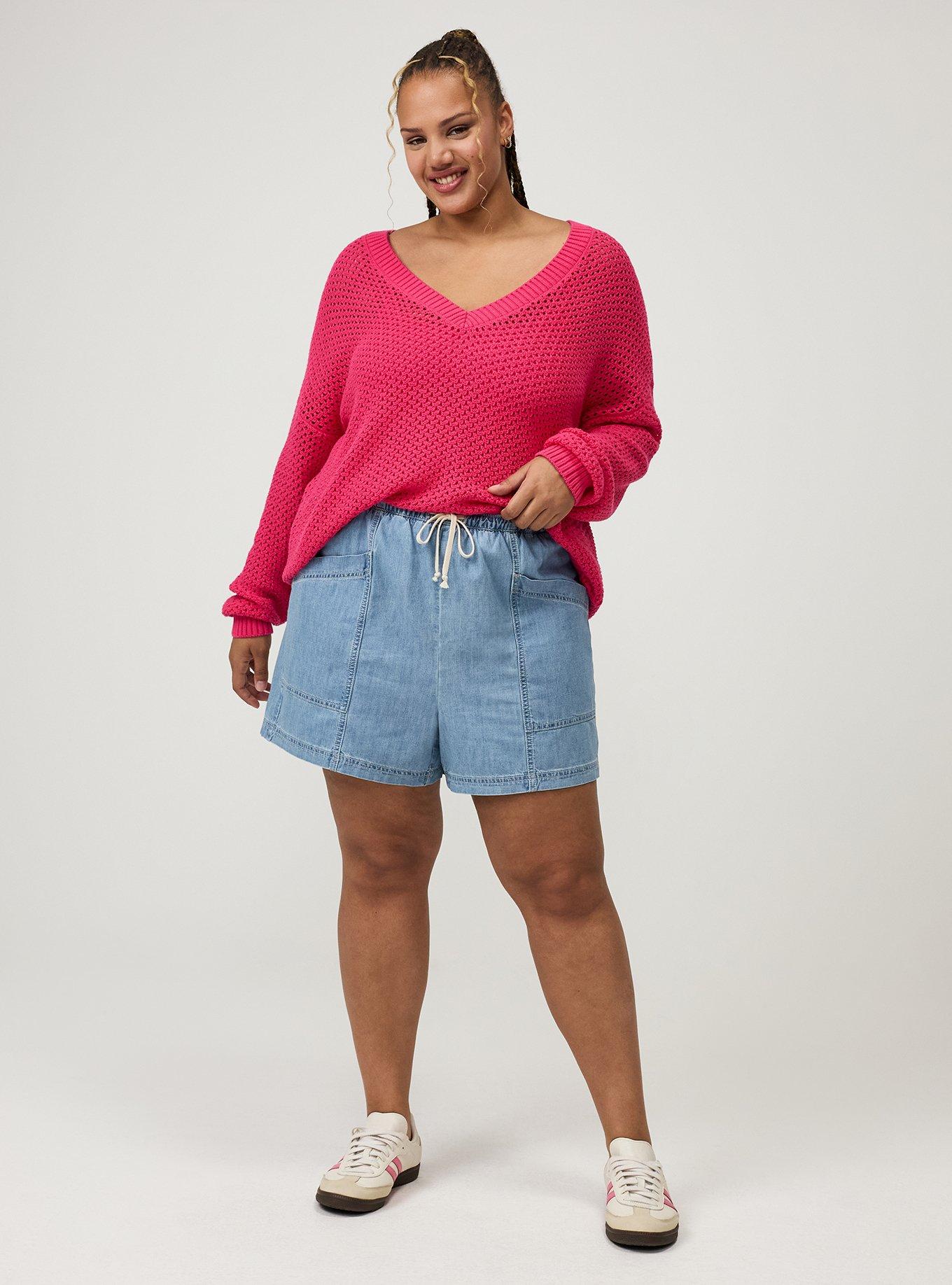 Plus Size 5'' Pull-On Lightweight Denim High-Rise Short, LIGHT WASH, hi-res