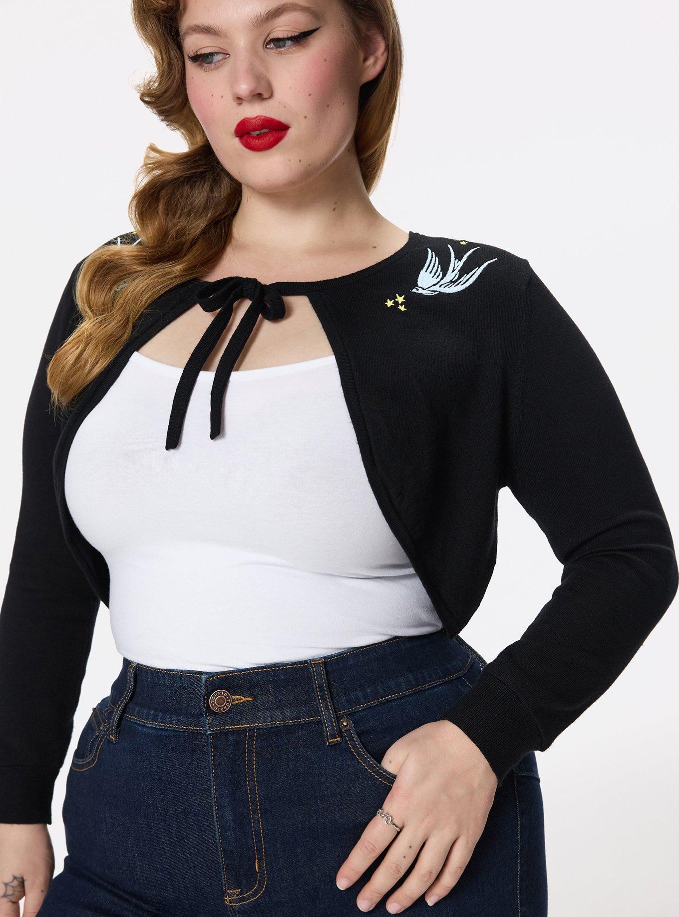 Retro Chic Embroidered Tie-Front Shrug, SWALLOWS AND STARS BLACK, alternate